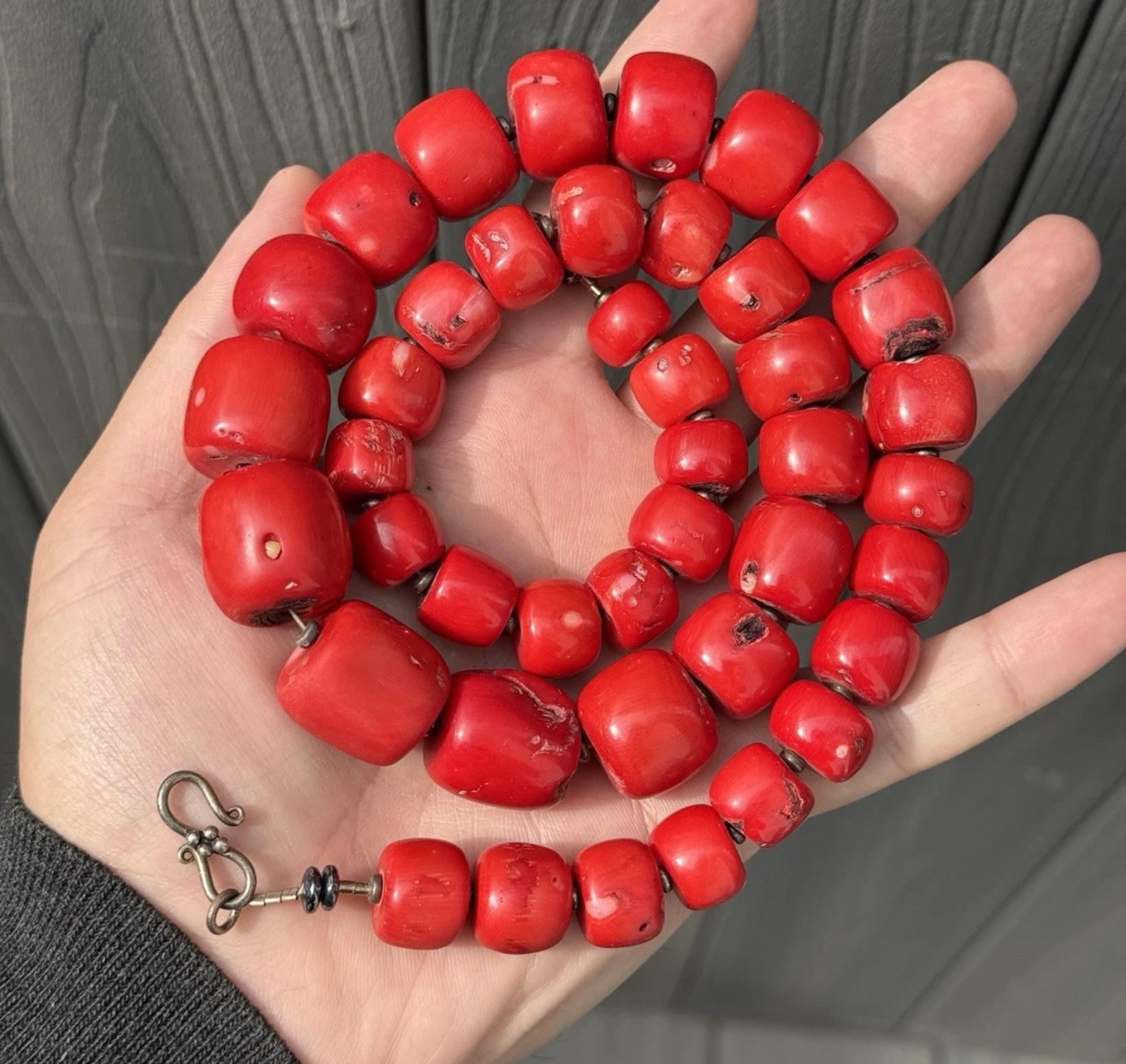Red Coral Beaded Necklace Bamboo Coral Dyed 269.13 Grams