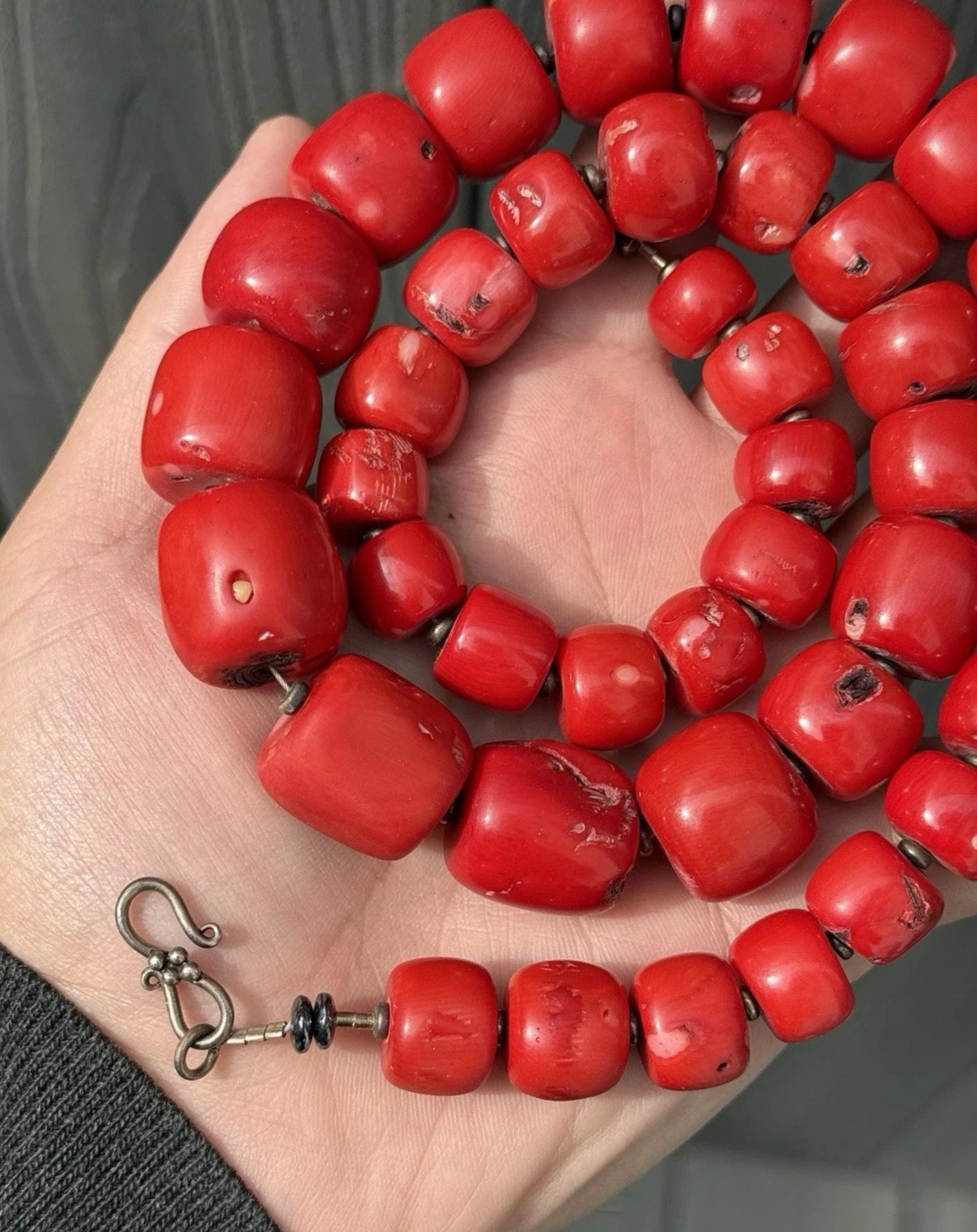 Red Coral Beaded Necklace Bamboo Coral Dyed 269.13 Grams