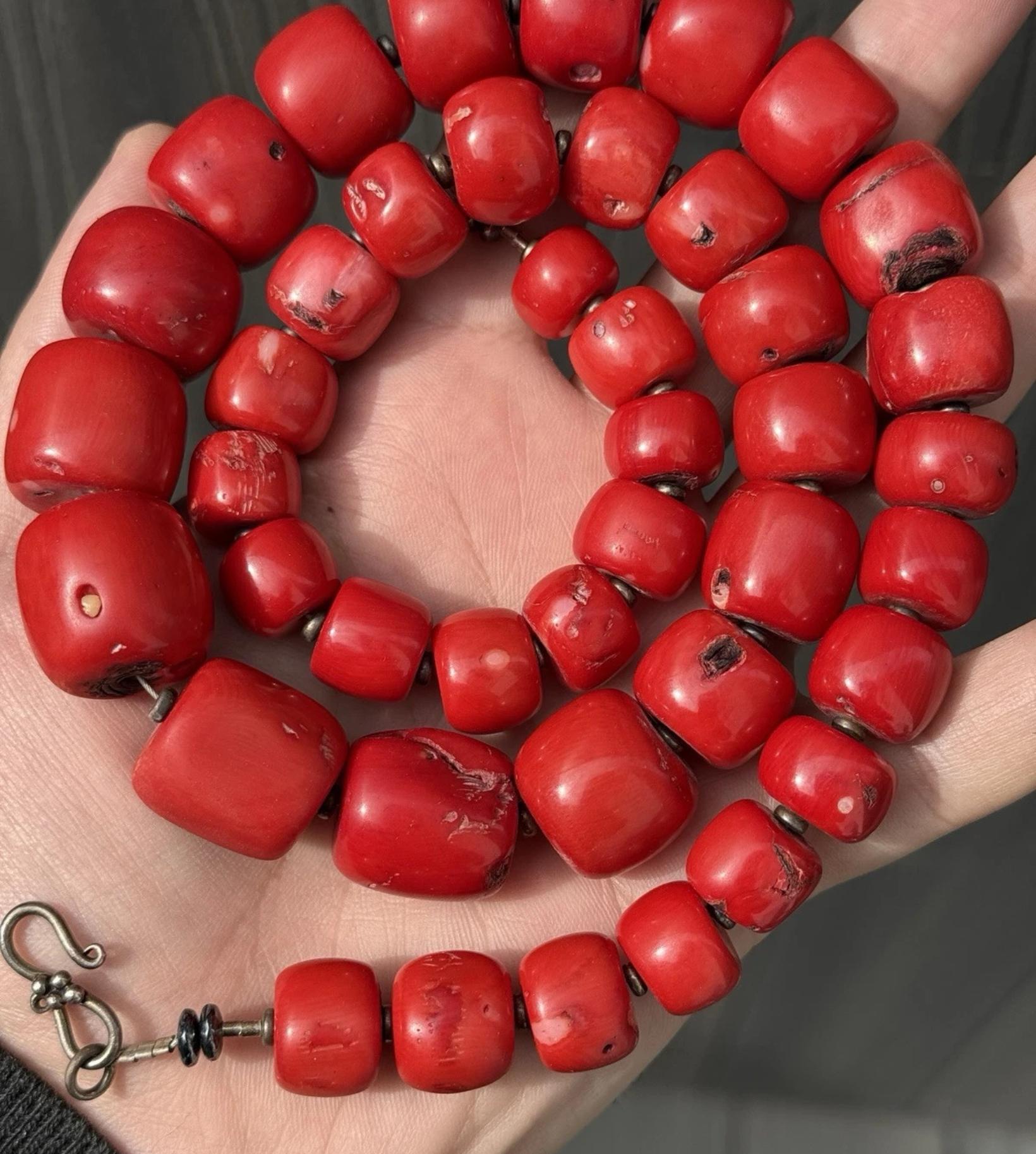 Red Coral Beaded Necklace Bamboo Coral Dyed 269.13 Grams