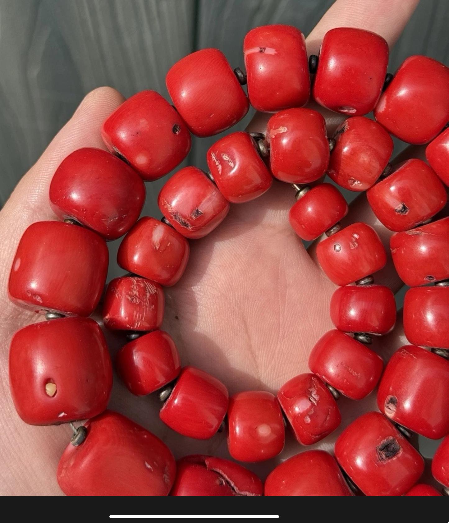 Red Coral Beaded Necklace Bamboo Coral Dyed 269.13 Grams