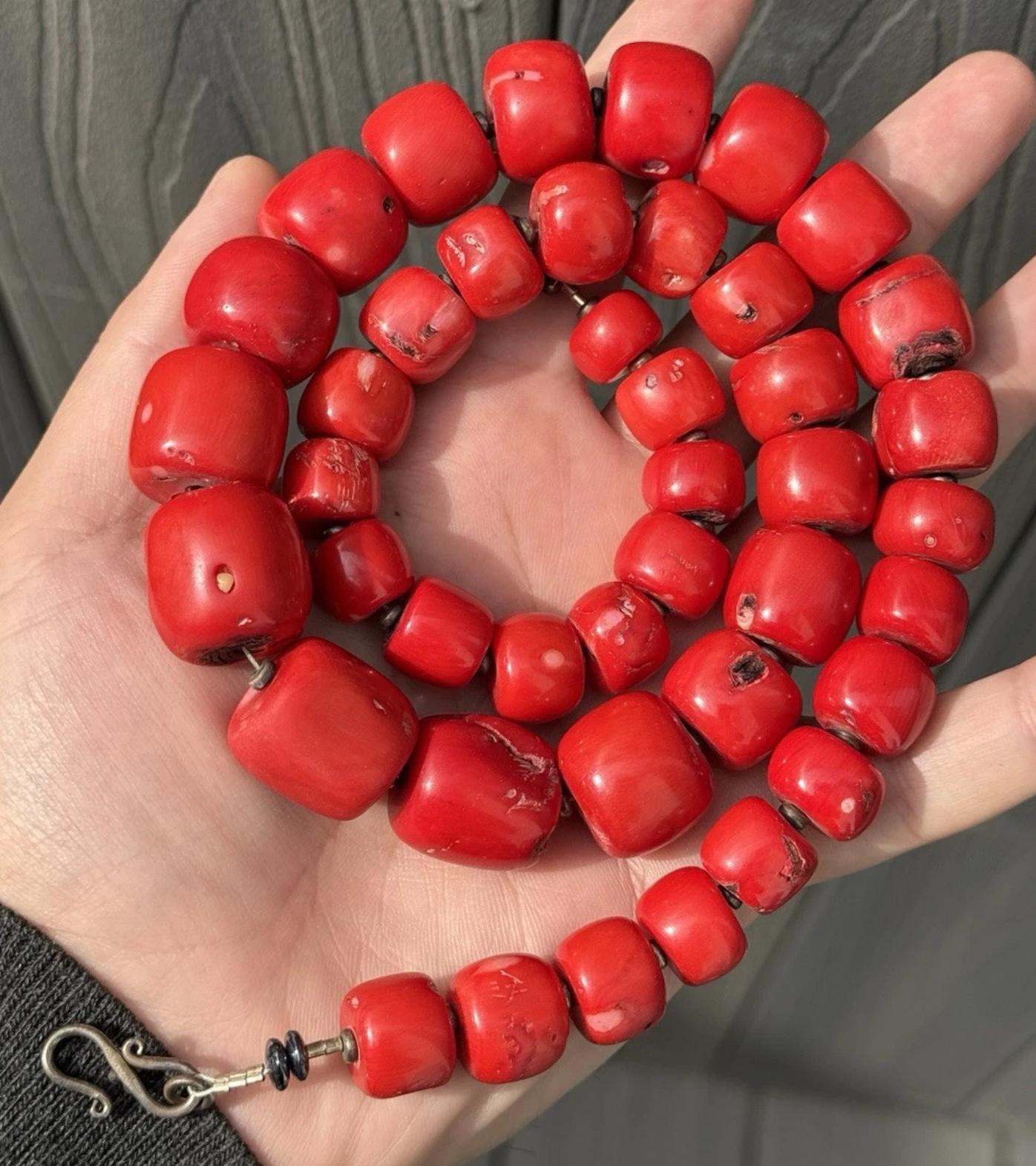 Red Coral Beaded Necklace Bamboo Coral Dyed 269.13 Grams