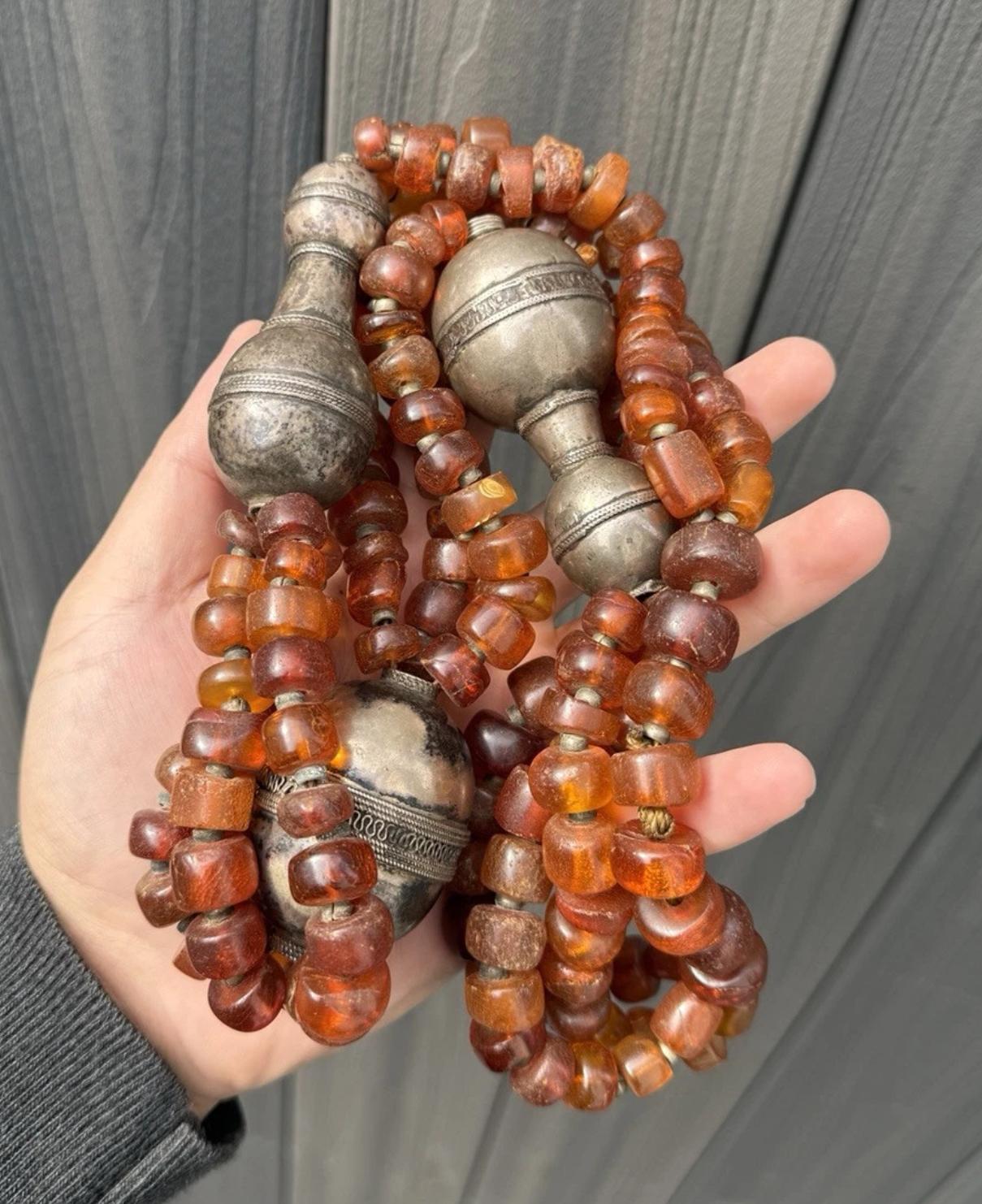 Massive Antique Chinese Tibetan Amber And Silver Necklace 290.44 Grams