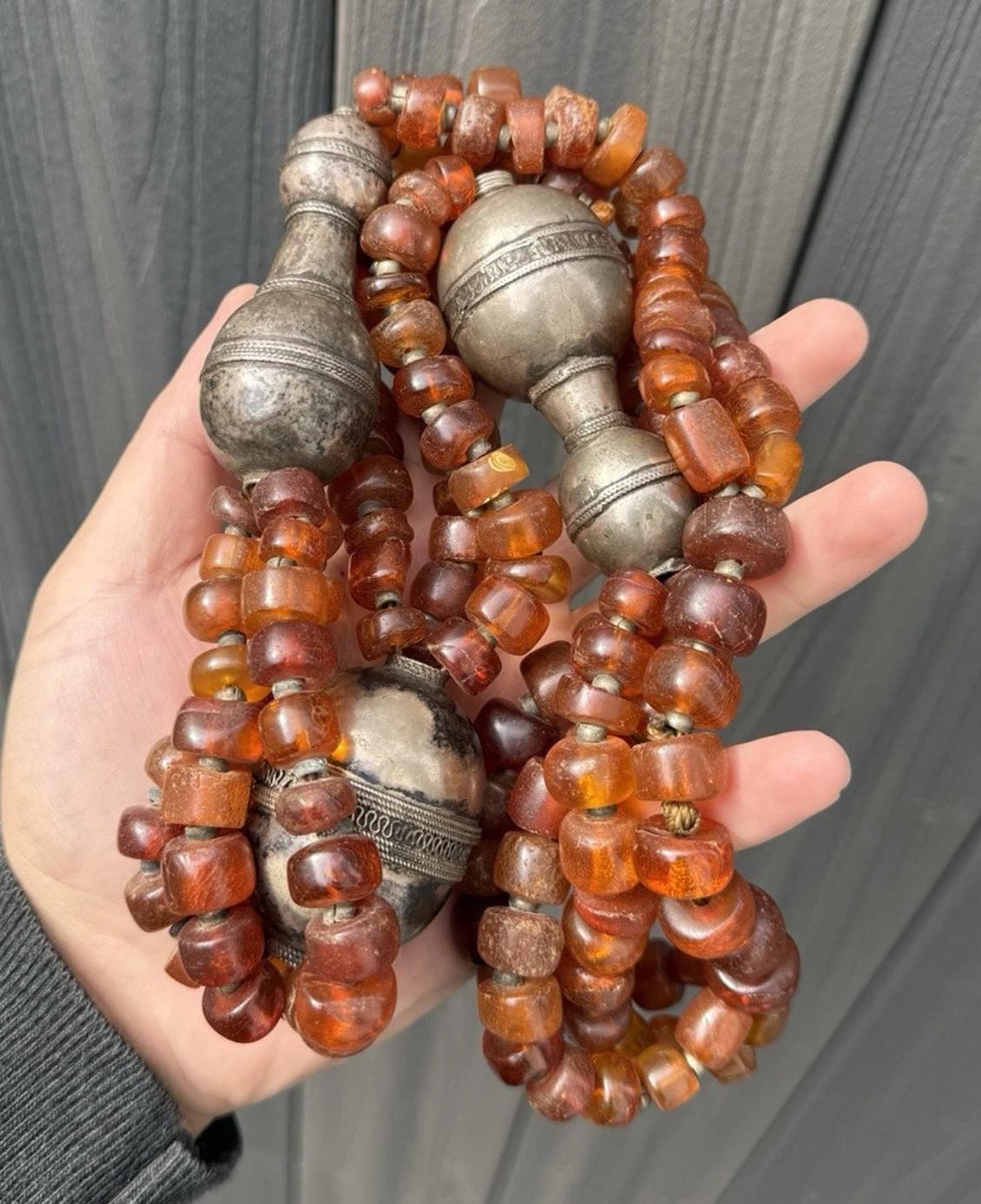 Massive Antique Chinese Tibetan Amber And Silver Necklace 290.44 Grams