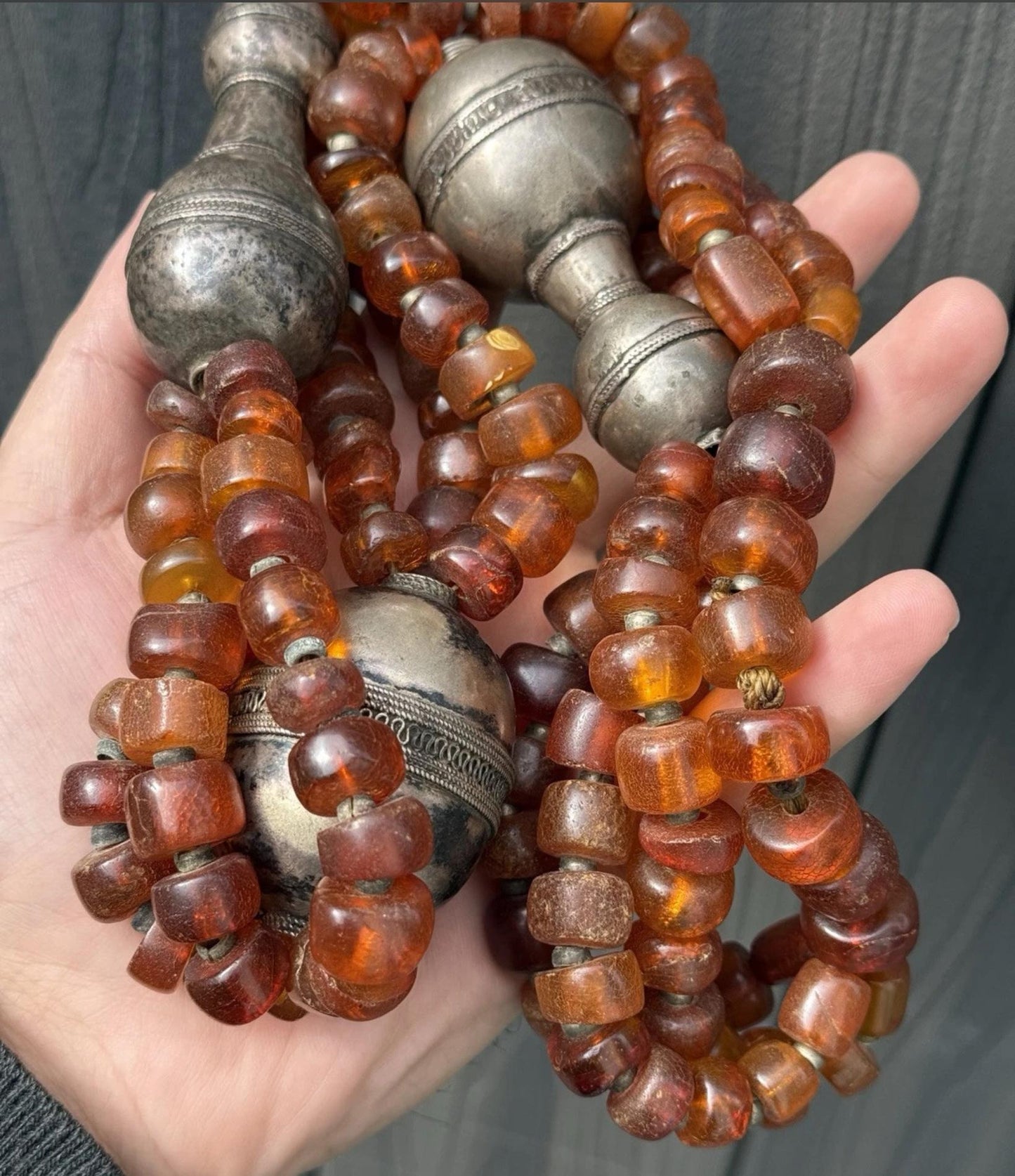 Massive Antique Chinese Tibetan Amber And Silver Necklace 290.44 Grams