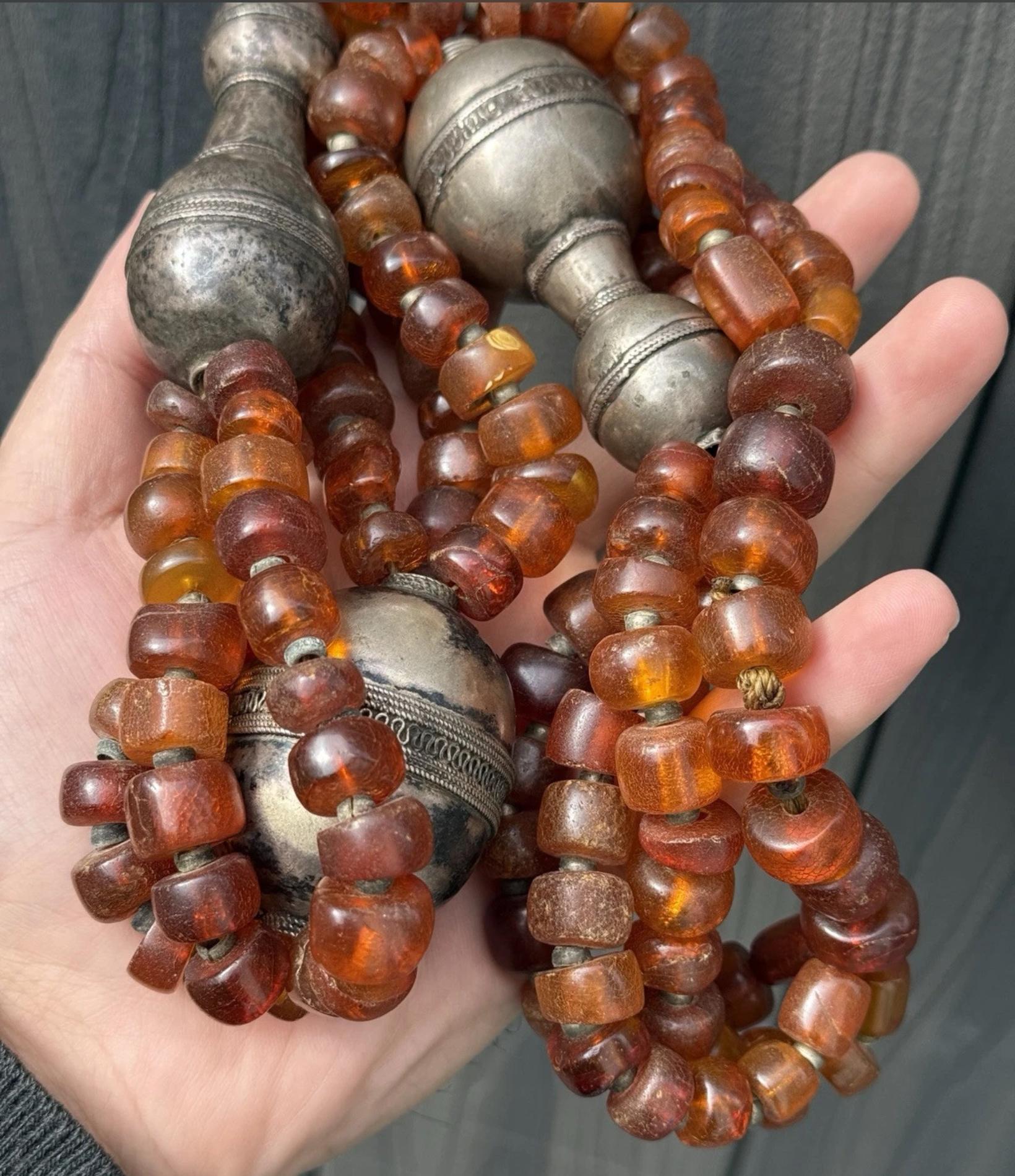 Massive Antique Chinese Tibetan Amber And Silver Necklace 290.44 Grams