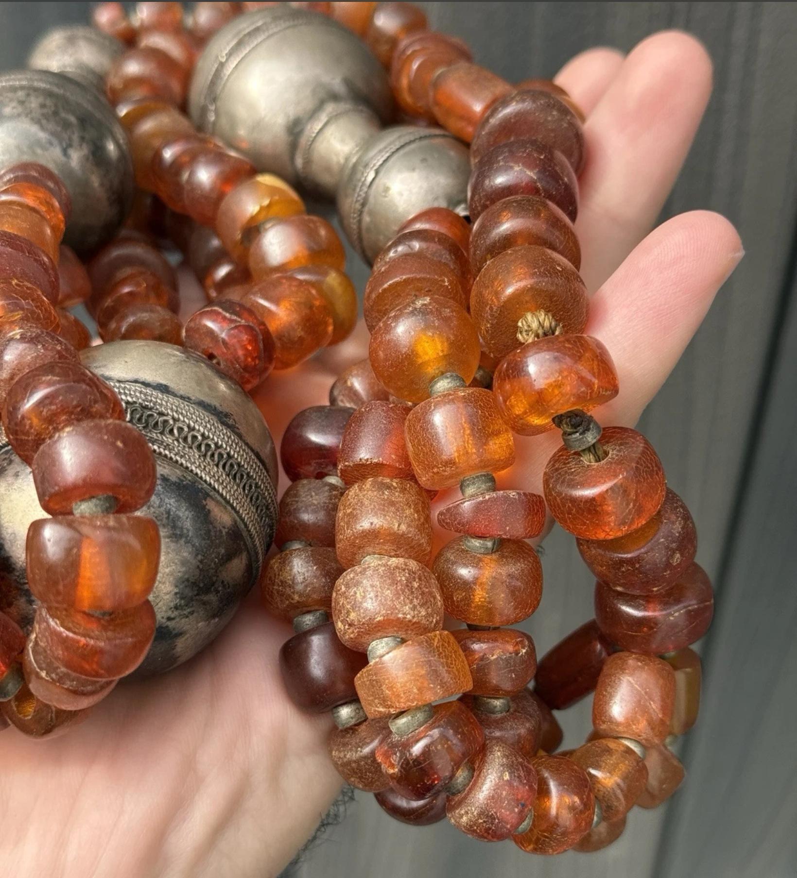 Massive Antique Chinese Tibetan Amber And Silver Necklace 290.44 Grams