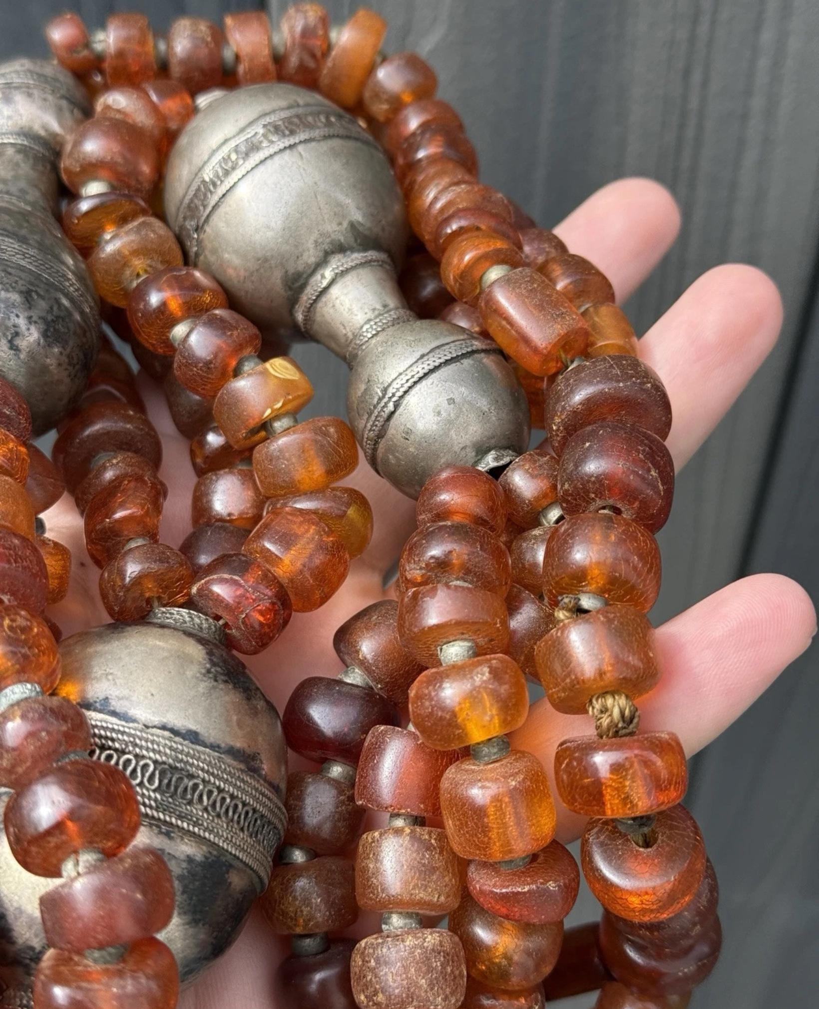 Massive Antique Chinese Tibetan Amber And Silver Necklace 290.44 Grams