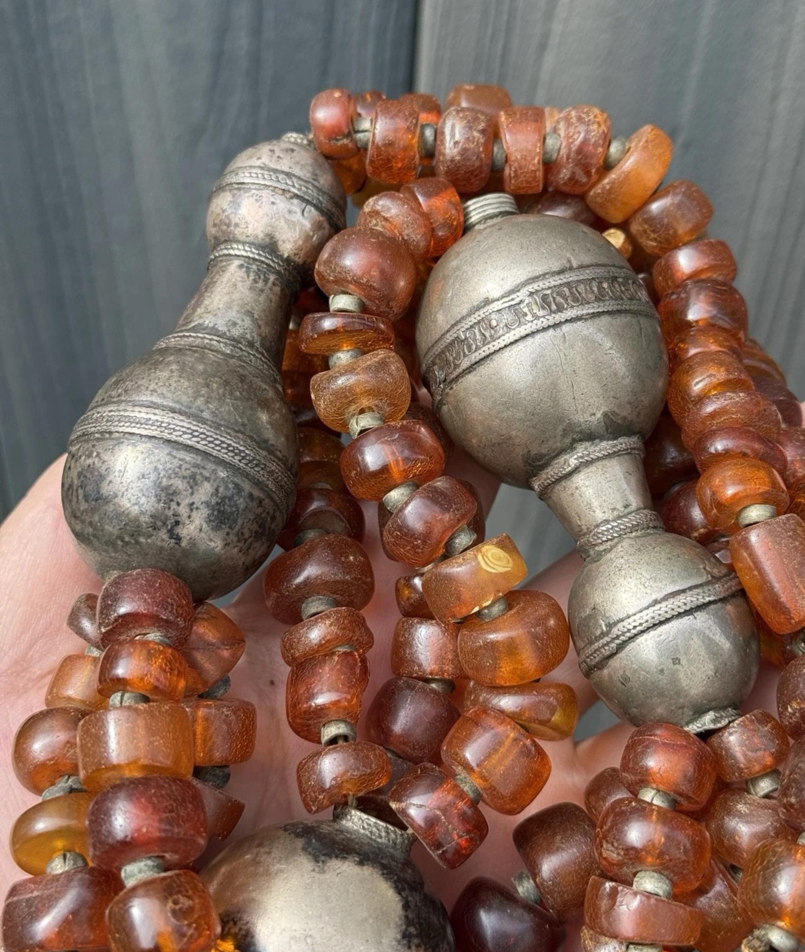 Massive Antique Chinese Tibetan Amber And Silver Necklace 290.44 Grams