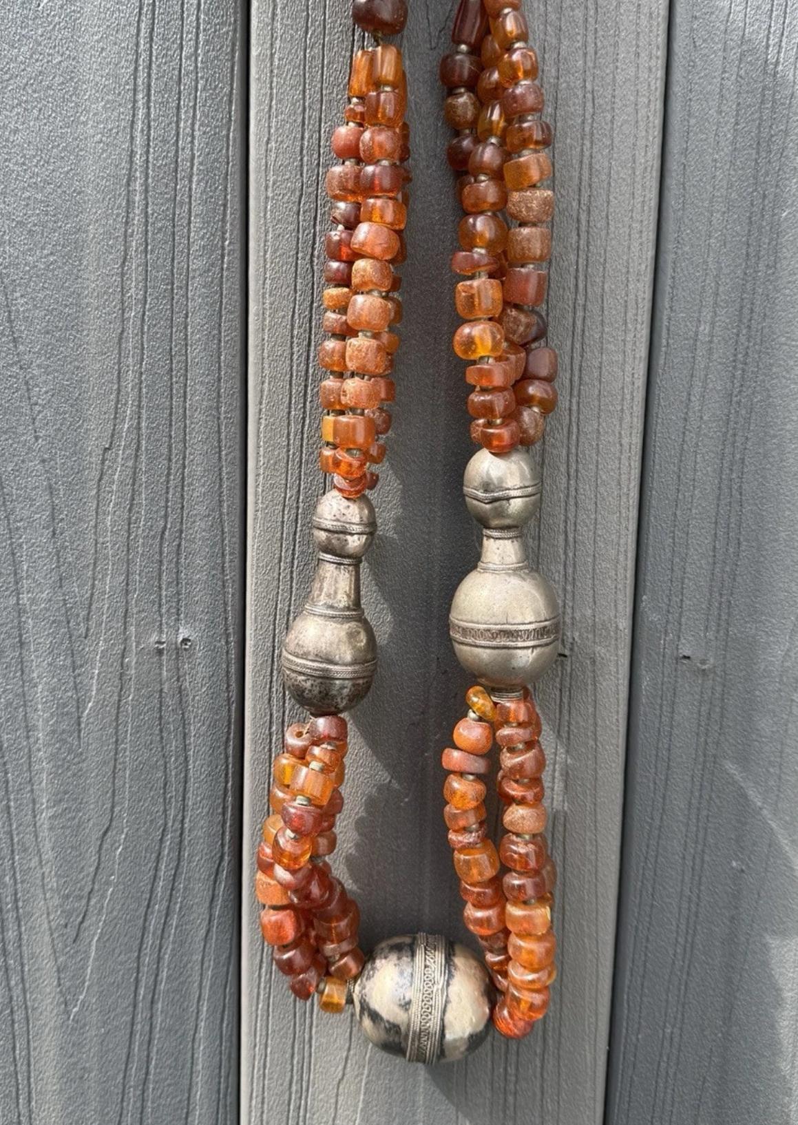 Massive Antique Chinese Tibetan Amber And Silver Necklace 290.44 Grams