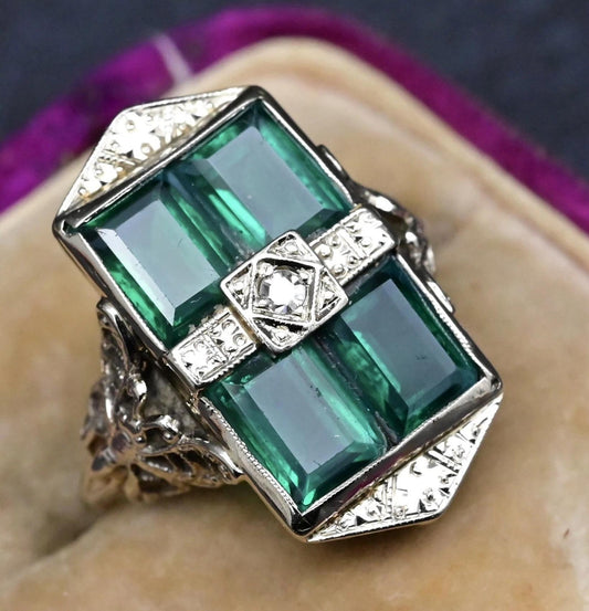 Art Deco 14K White Gold Diamond & Tourmaline Filigree Ring 4.75 Ring Size