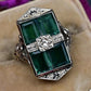Art Deco 14K White Gold Diamond & Tourmaline Filigree Ring 4.75 Ring Size
