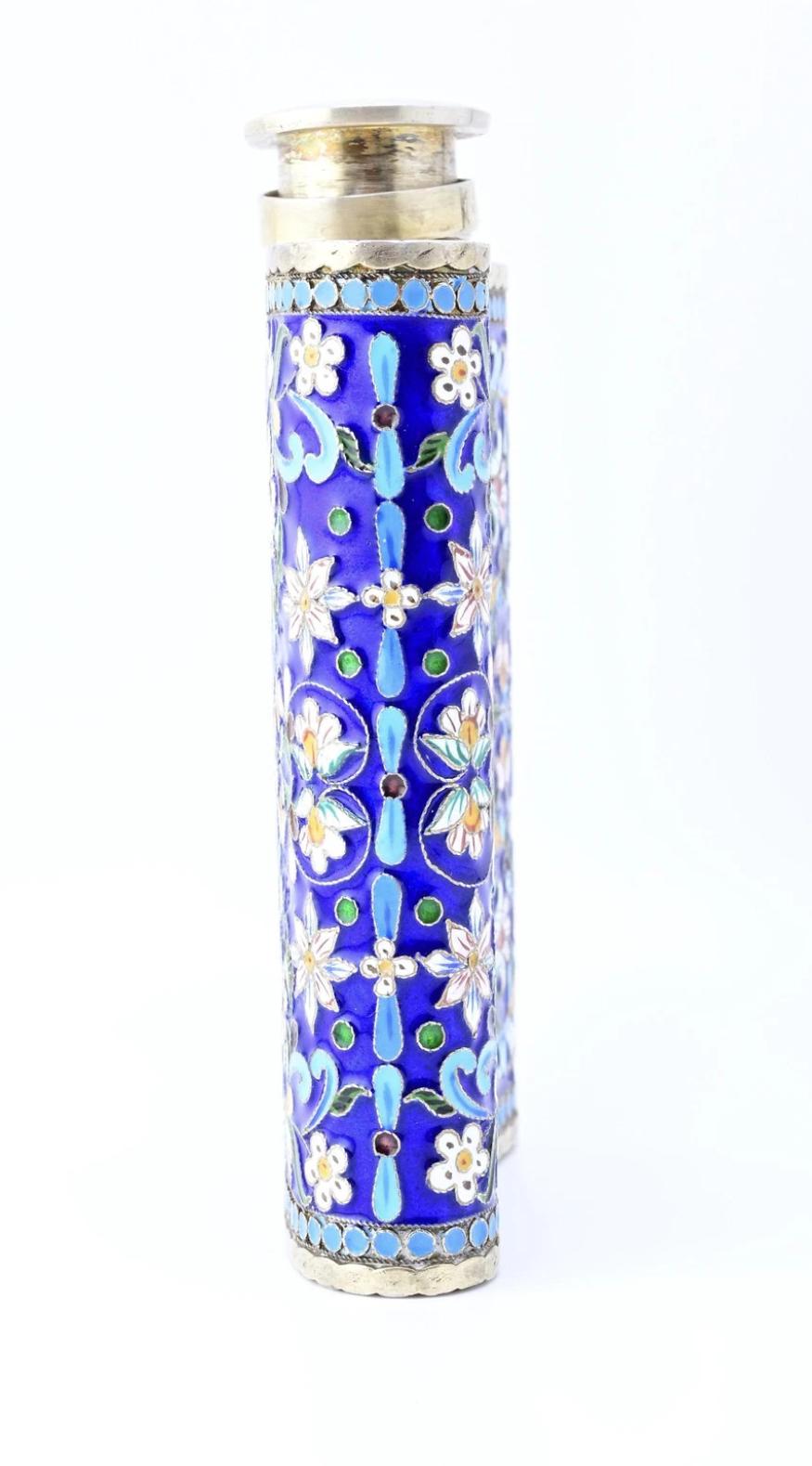 Amazing Antique Russian Enamel Silver Flask With Gorgeous Workmanship