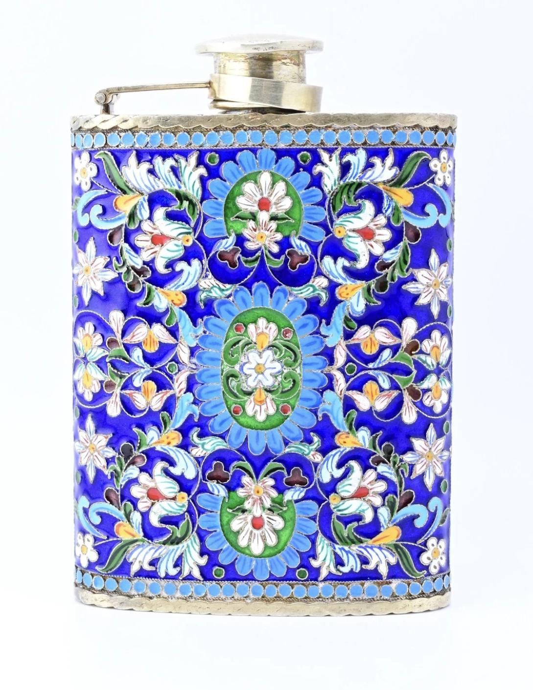 Amazing Antique Russian Enamel Silver Flask With Gorgeous Workmanship