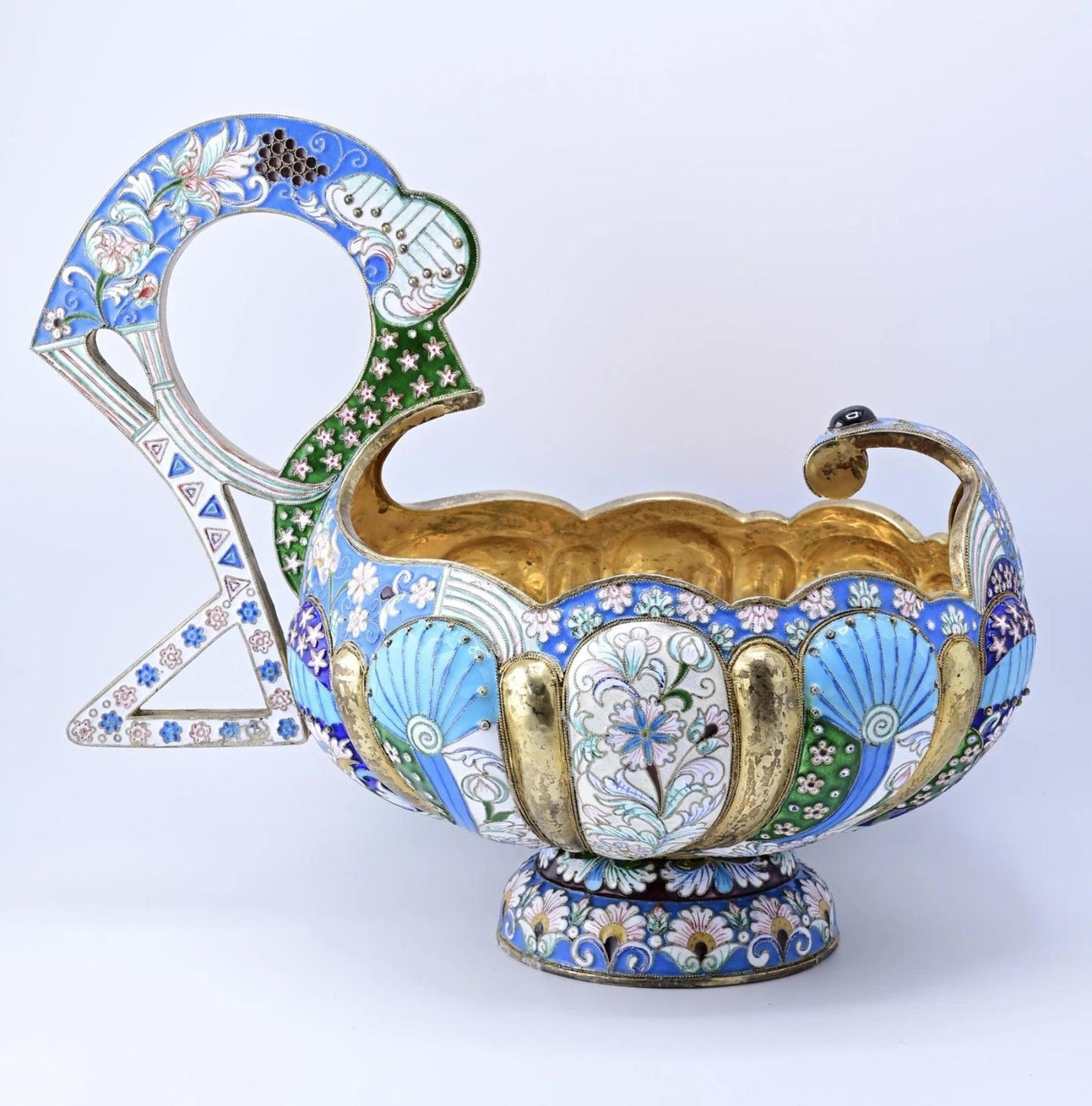 Extremely Gorgeous And Large Russian Enamel Silver Kovsh
