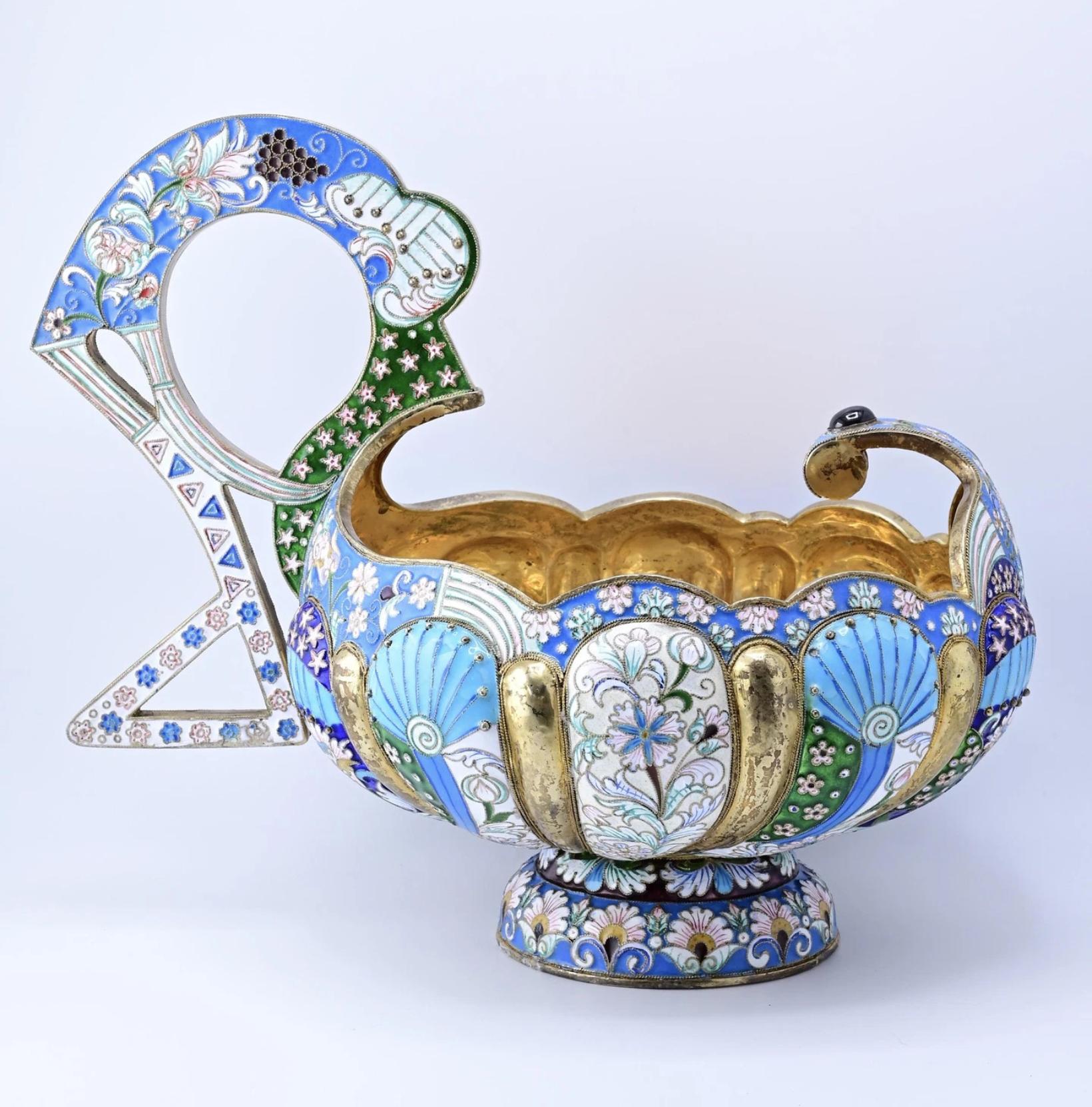 Extremely Gorgeous And Large Russian Enamel Silver Kovsh