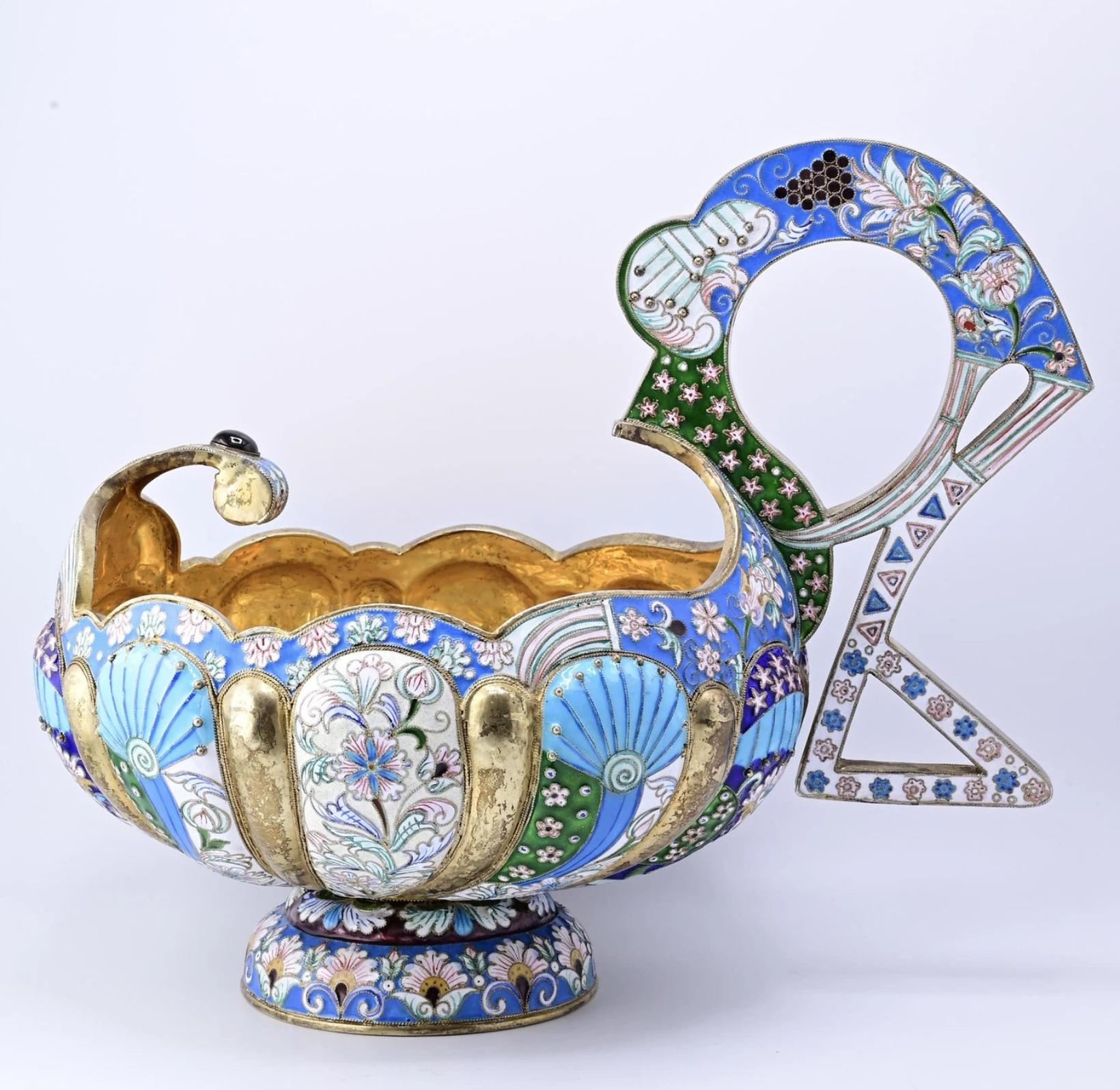 Extremely Gorgeous And Large Russian Enamel Silver Kovsh