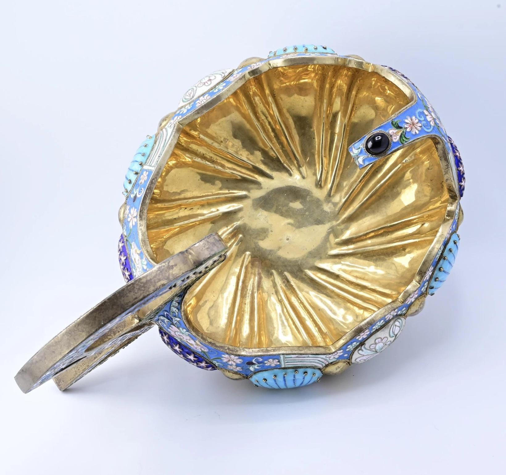 Extremely Gorgeous And Large Russian Enamel Silver Kovsh
