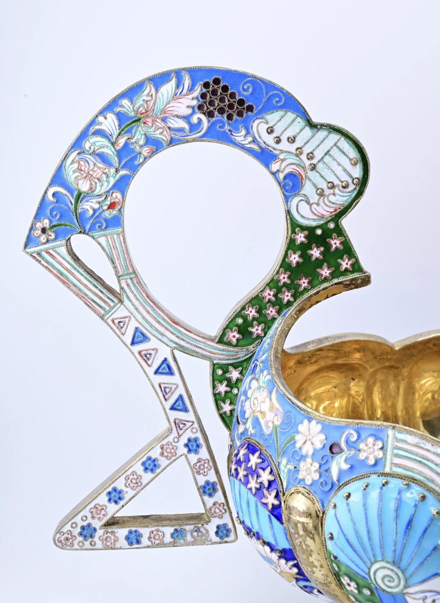 Extremely Gorgeous And Large Russian Enamel Silver Kovsh