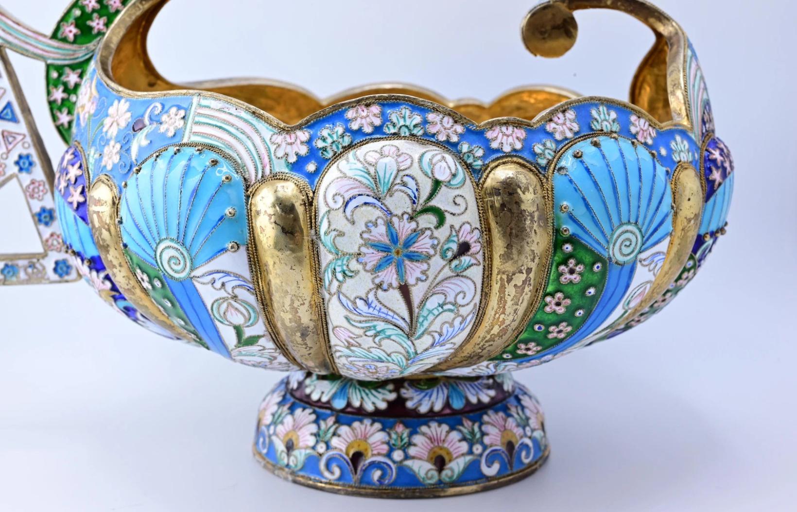 Extremely Gorgeous And Large Russian Enamel Silver Kovsh