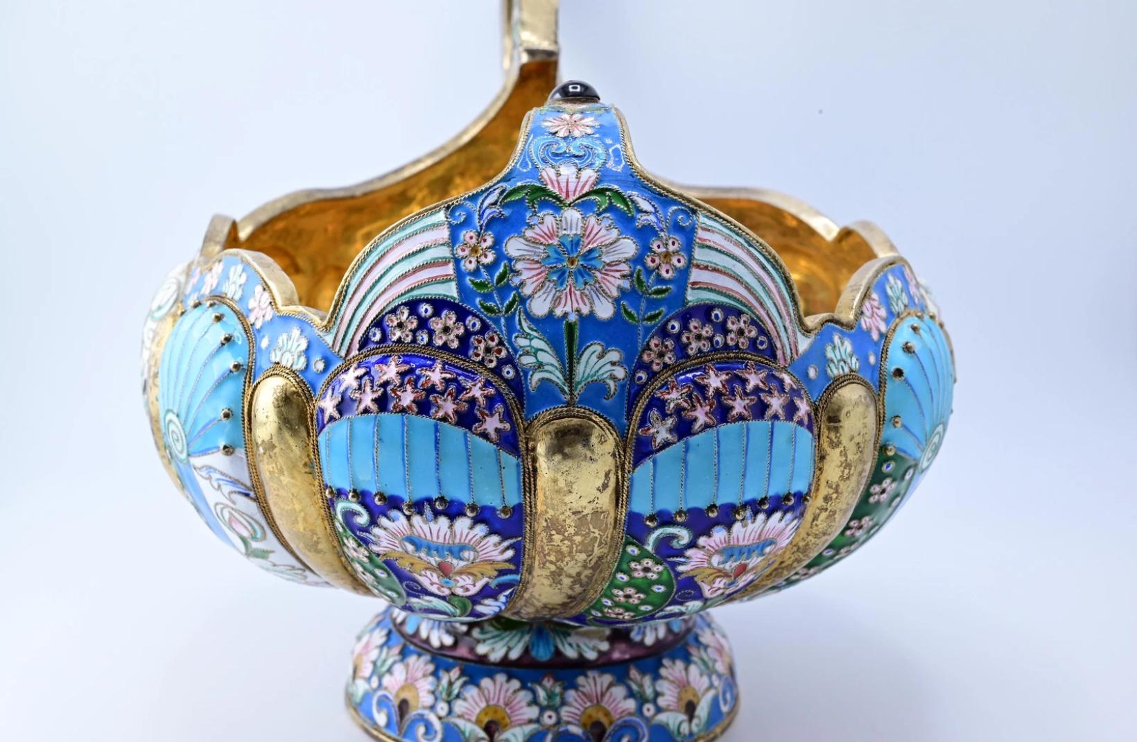 Extremely Gorgeous And Large Russian Enamel Silver Kovsh