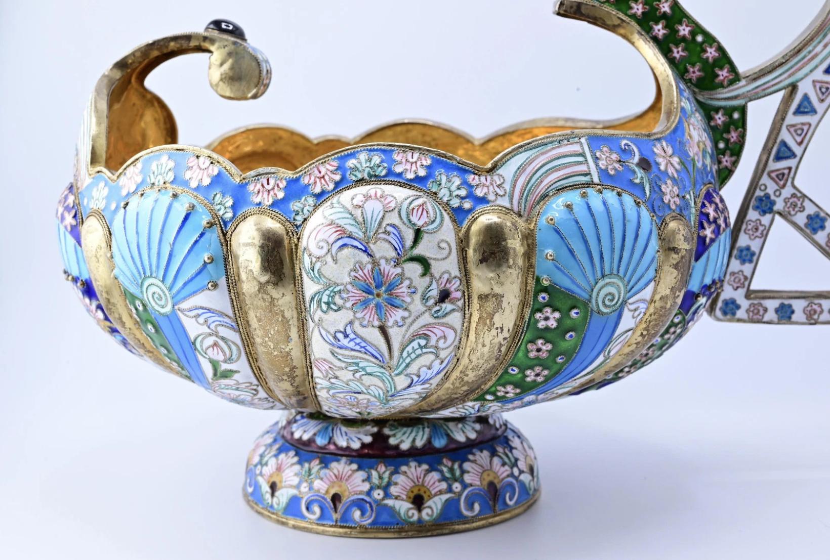 Extremely Gorgeous And Large Russian Enamel Silver Kovsh