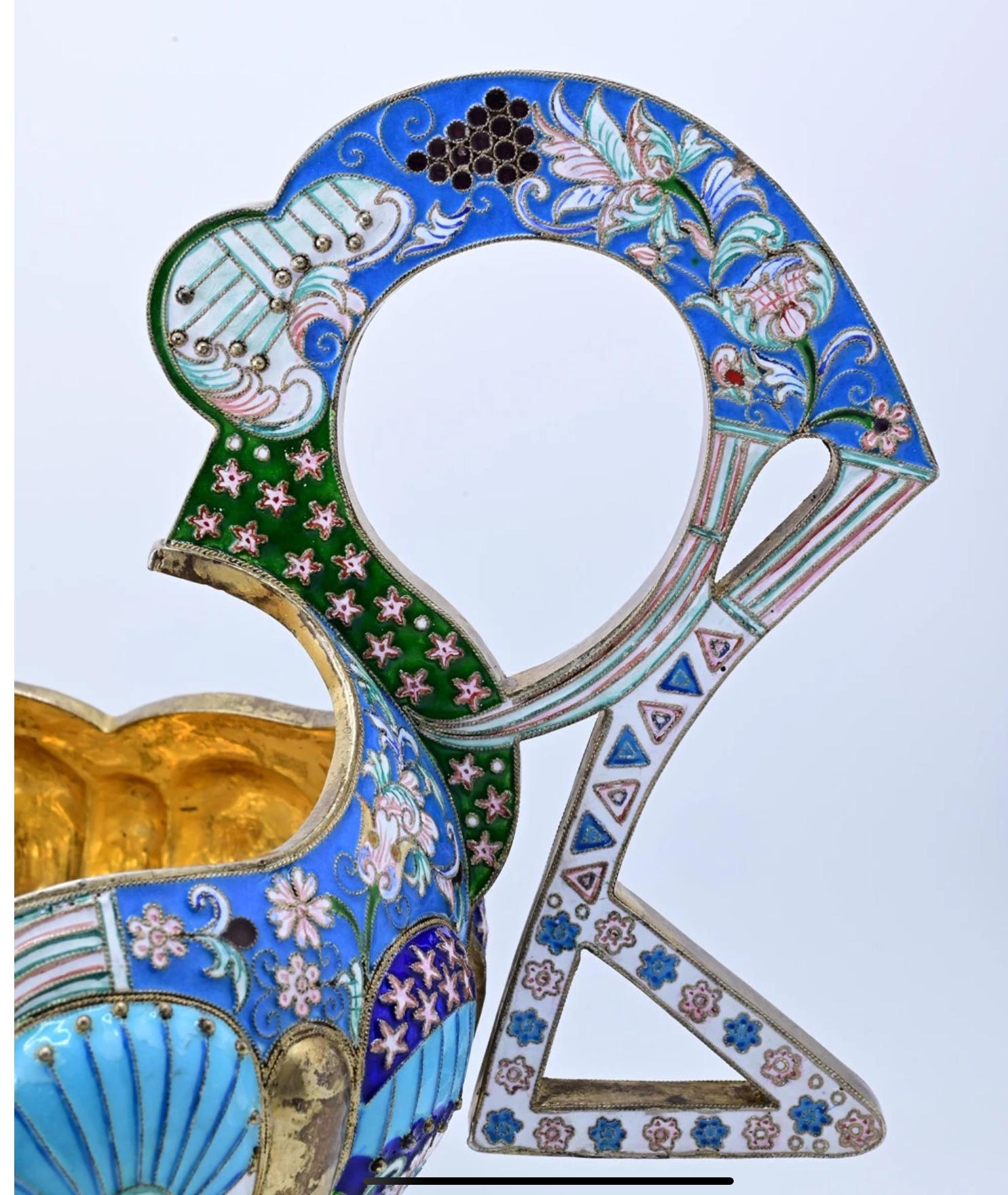 Extremely Gorgeous And Large Russian Enamel Silver Kovsh