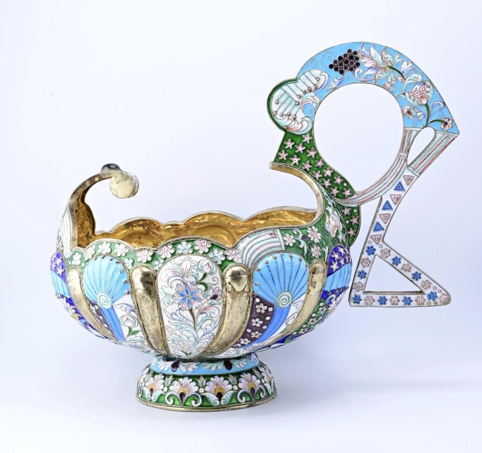 Massive Russian Enamel Silver Kovsh Vessel Fine Enamel Workmanship