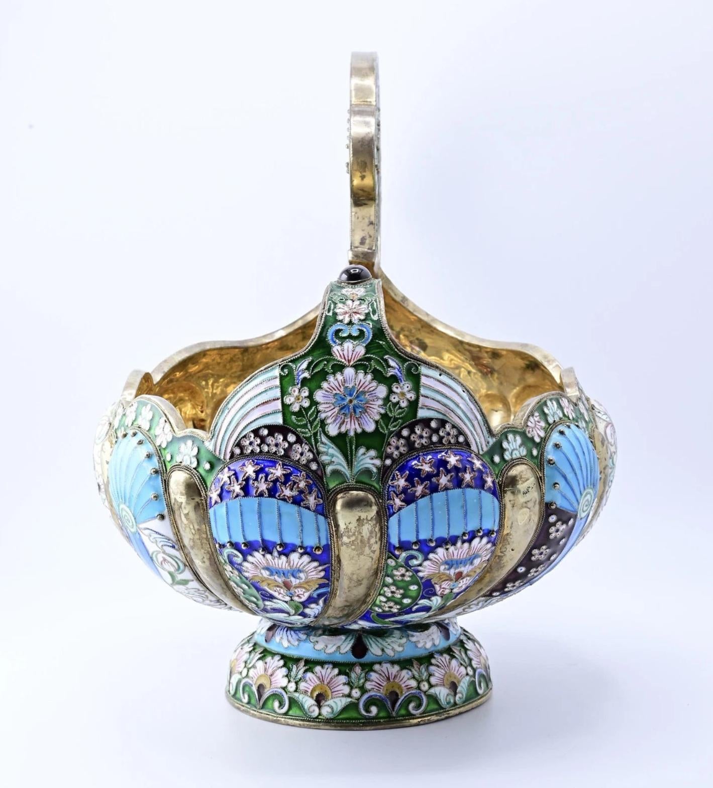 Massive Russian Enamel Silver Kovsh Vessel Fine Enamel Workmanship