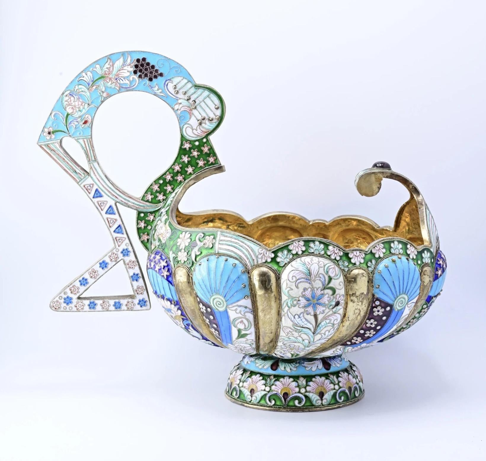Massive Russian Enamel Silver Kovsh Vessel Fine Enamel Workmanship