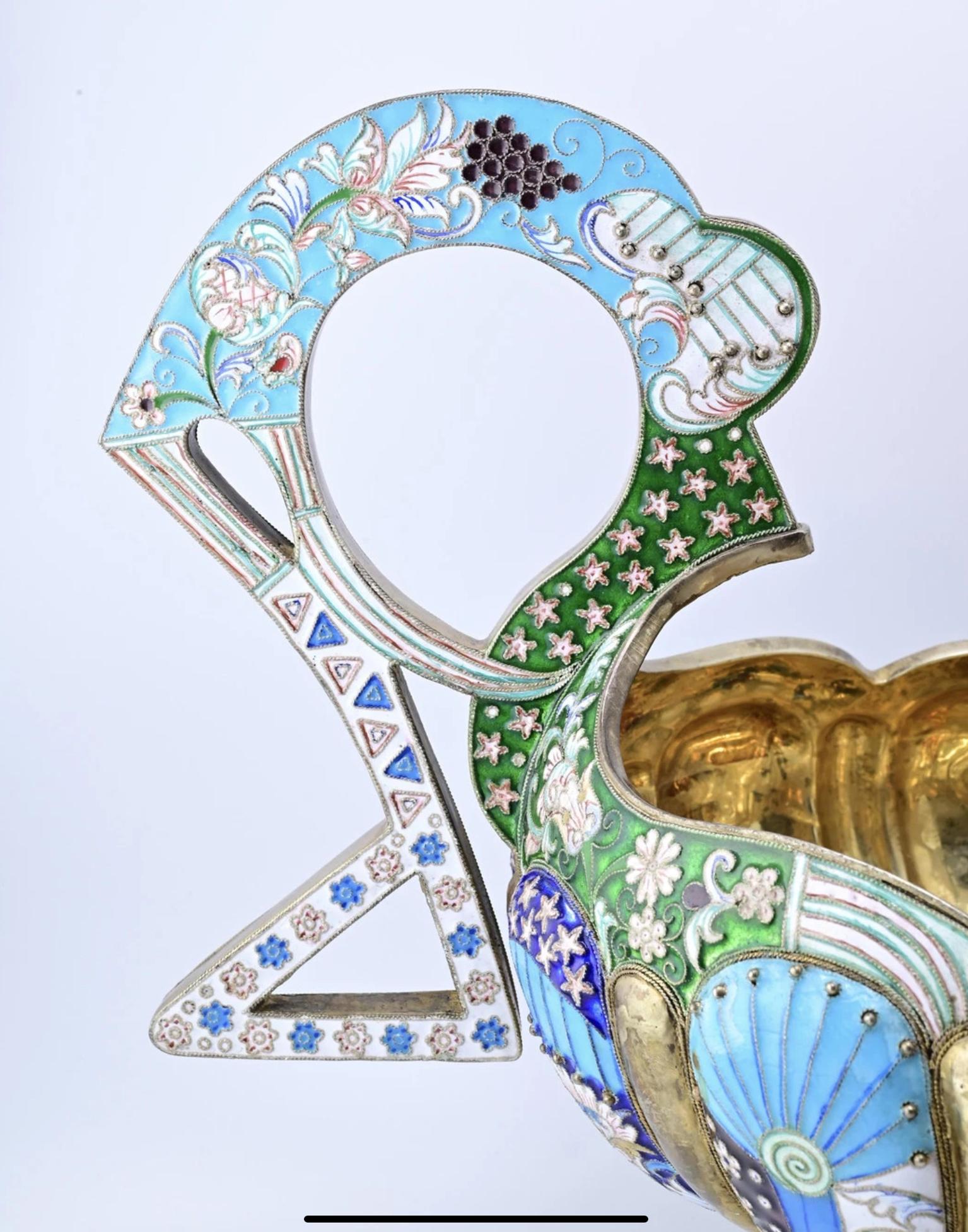 Massive Russian Enamel Silver Kovsh Vessel Fine Enamel Workmanship