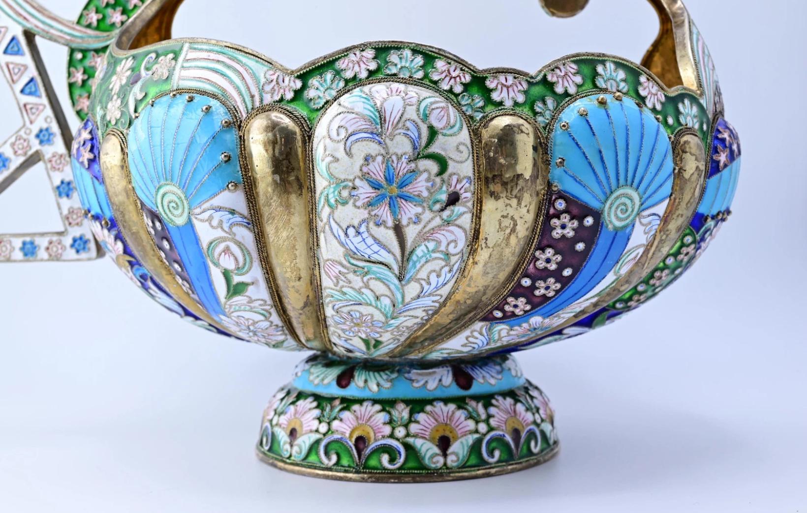 Massive Russian Enamel Silver Kovsh Vessel Fine Enamel Workmanship
