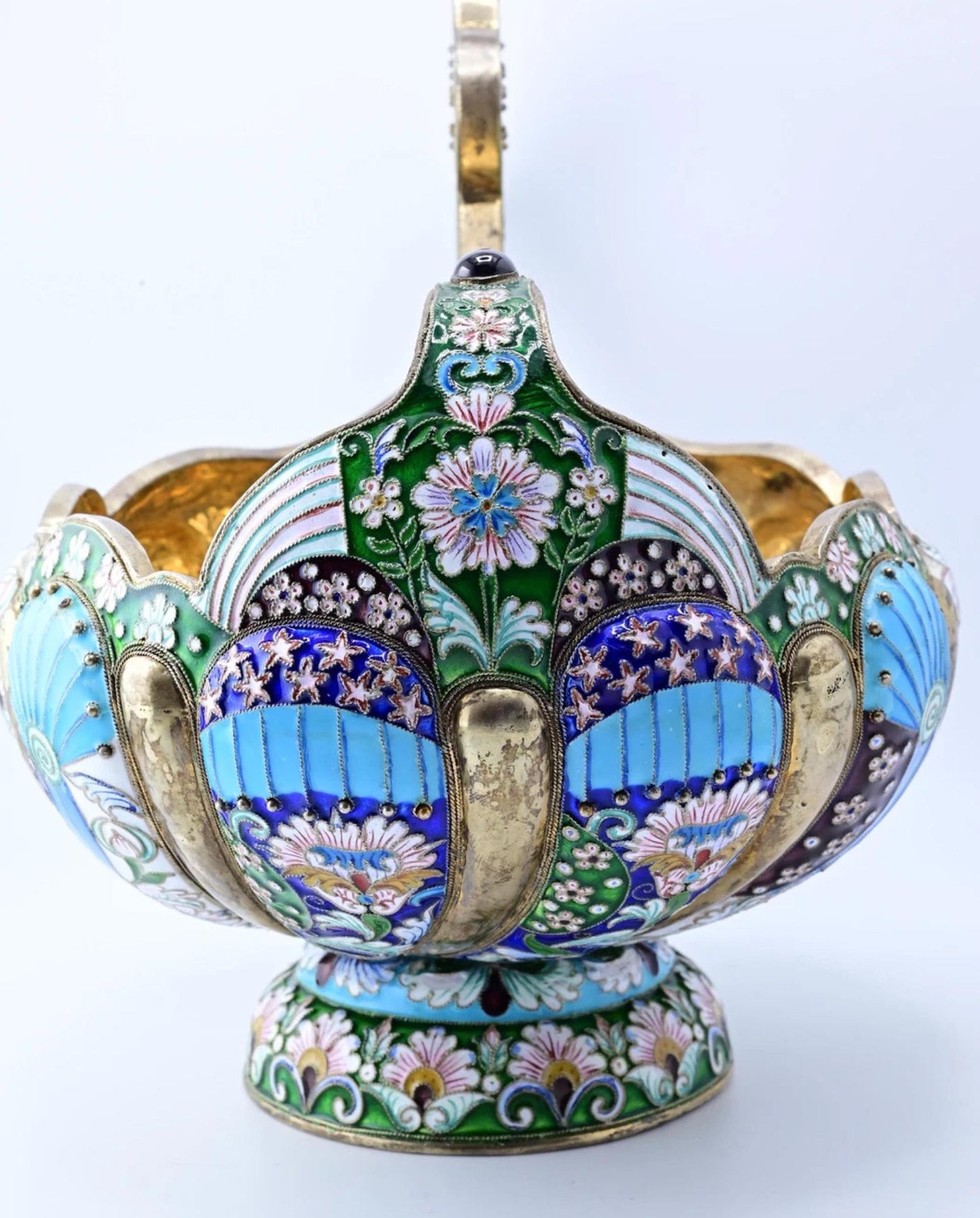 Massive Russian Enamel Silver Kovsh Vessel Fine Enamel Workmanship