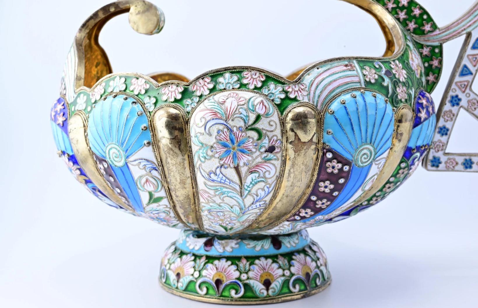 Massive Russian Enamel Silver Kovsh Vessel Fine Enamel Workmanship