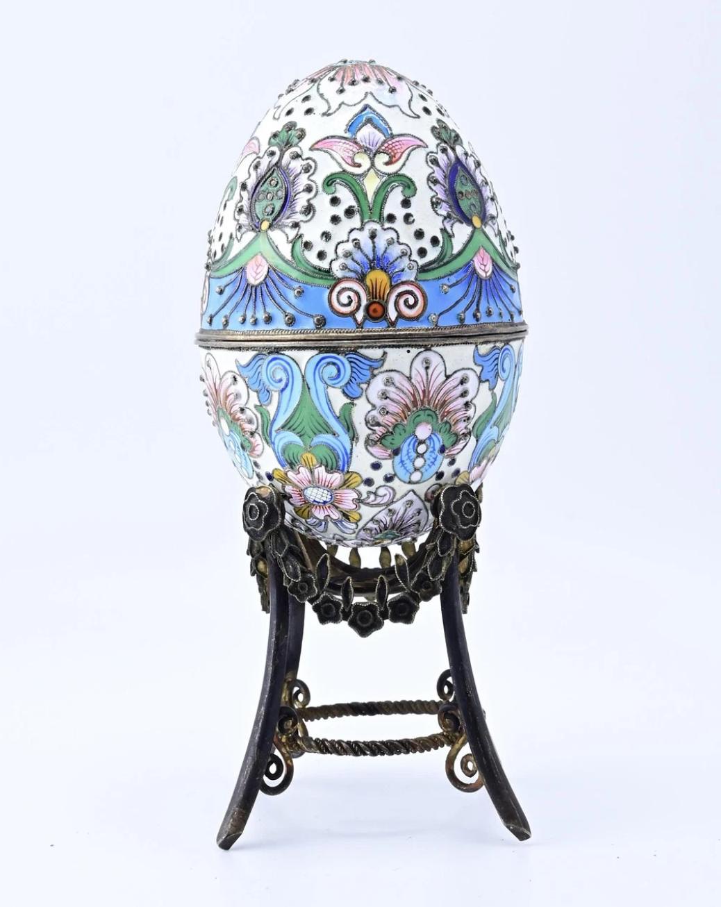 Outstanding Antique Russian Enamel Silver Egg With Floral Details
