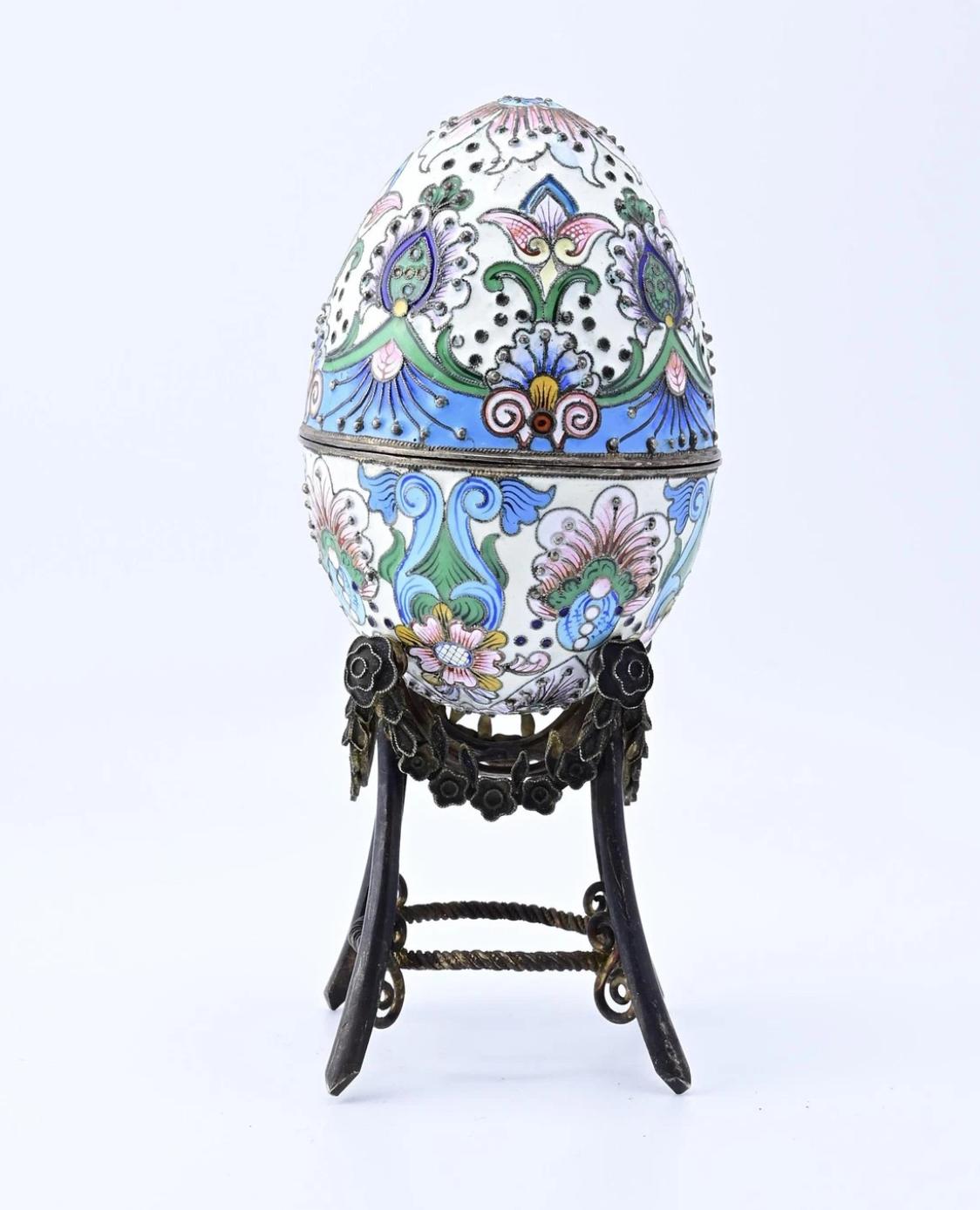 Outstanding Antique Russian Enamel Silver Egg With Floral Details