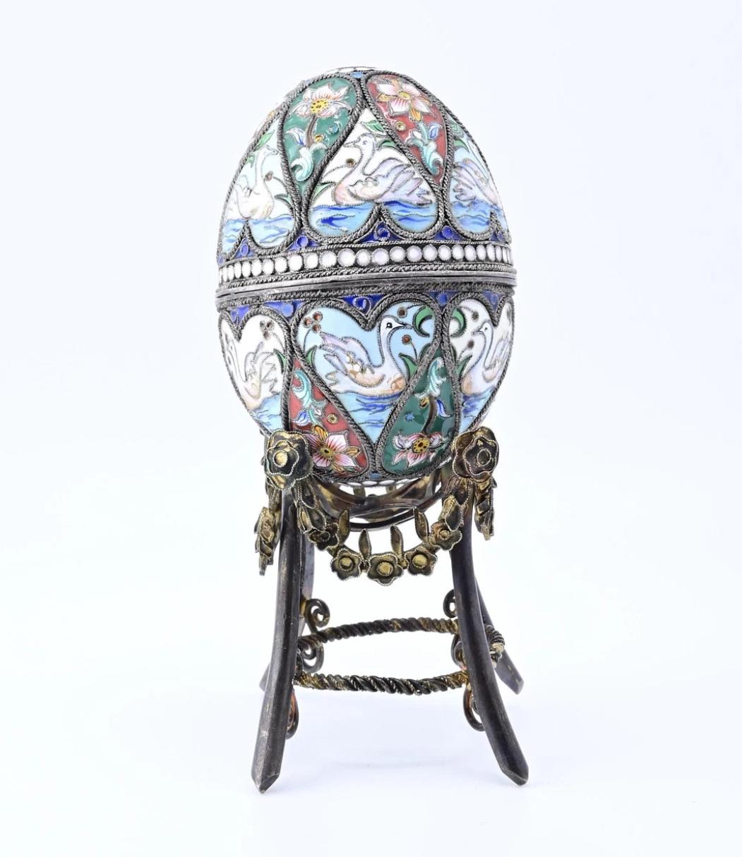 Marvelous Russian Enamel Silver Eggs With Swans
