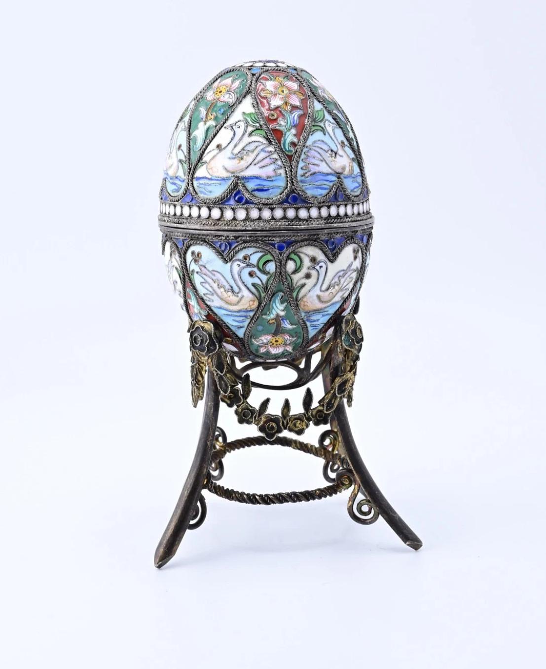 Marvelous Russian Enamel Silver Eggs With Swans