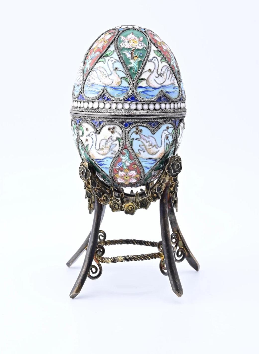 Marvelous Russian Enamel Silver Eggs With Swans