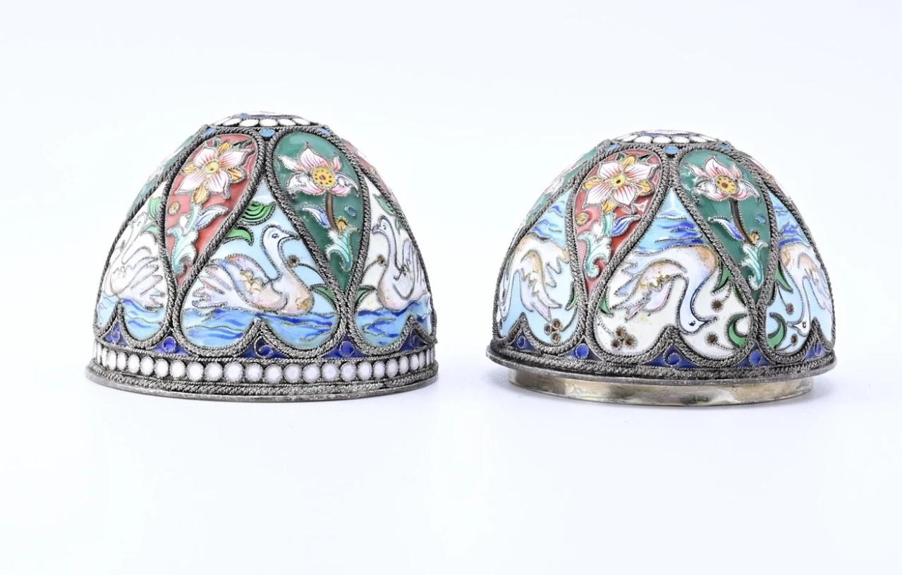 Marvelous Russian Enamel Silver Eggs With Swans