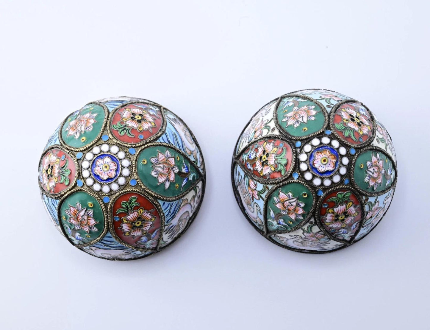 Marvelous Russian Enamel Silver Eggs With Swans