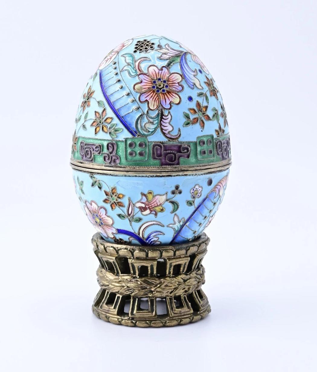 Fabulous Floral Russian Enamel Silver Egg Fantastic Details