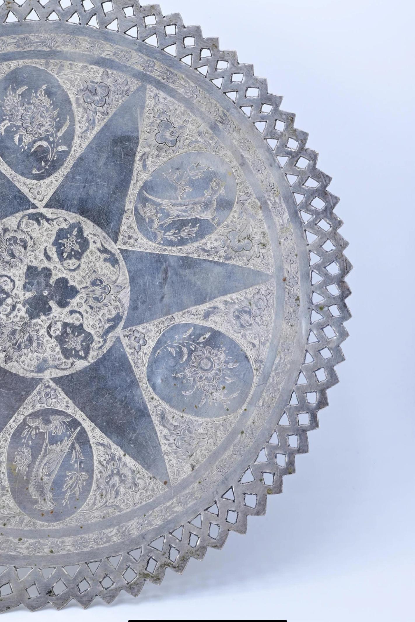 Beautiful Antique Persian Silver Tray With Fine Engraved Workmanship