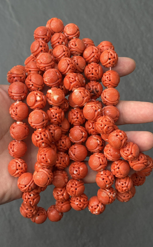Antique Chinese Carved Momo Coral Necklace 98 Beads Shou Symbol Qing Period 324g