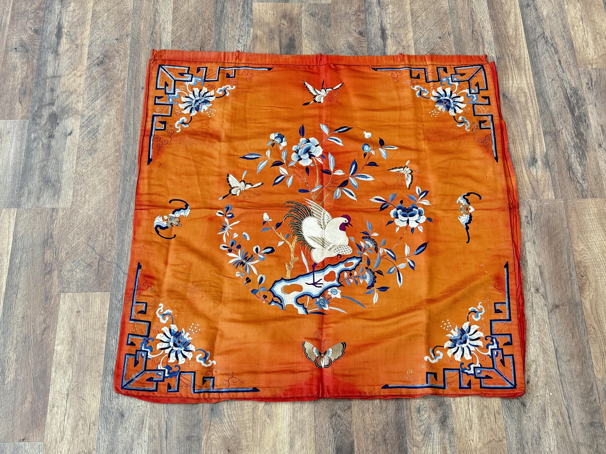 Antique Chinese Qing Dynasty Embroidered Silk Textile | 34x33”