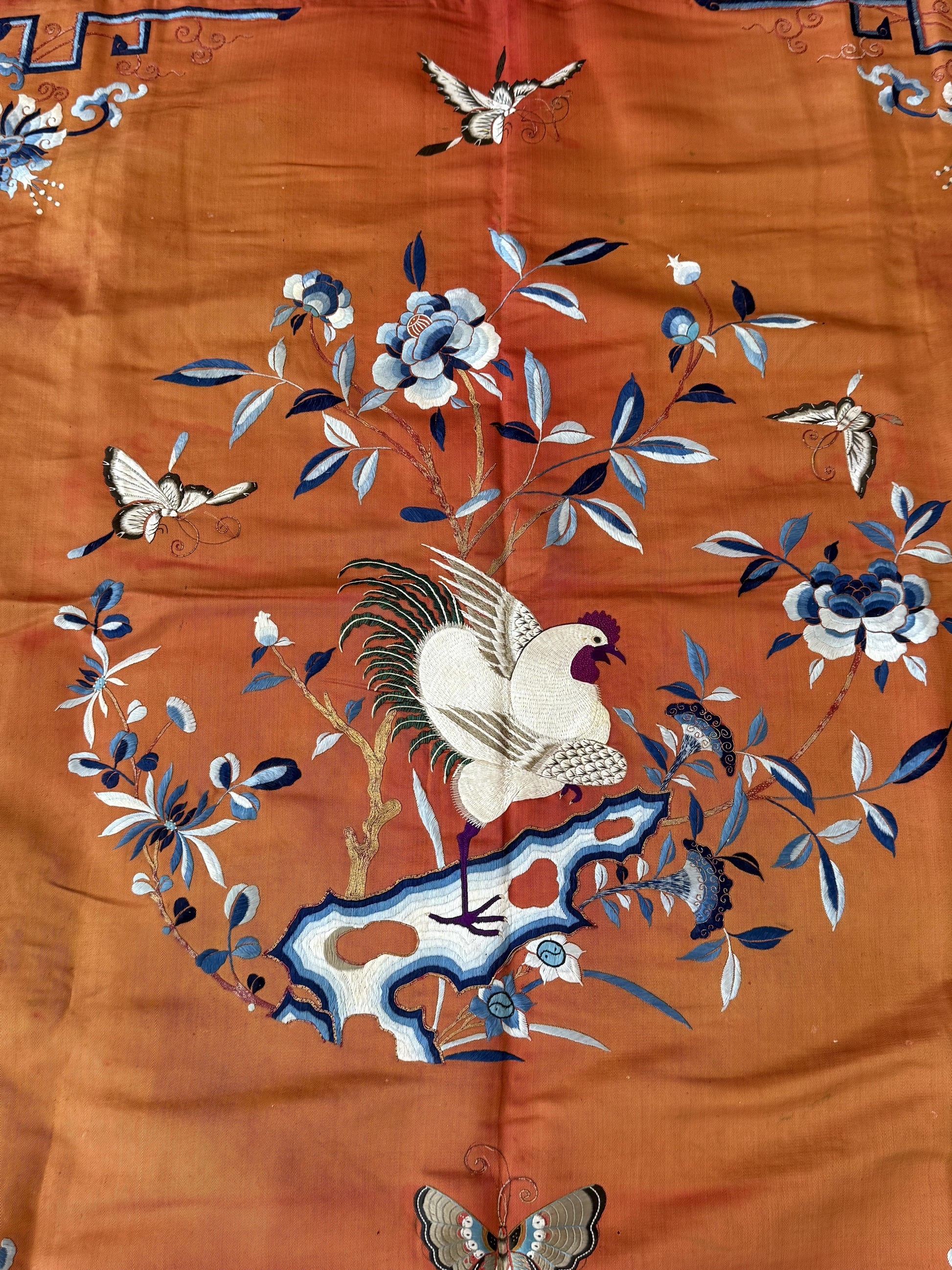 Antique Chinese Qing Dynasty Embroidered Silk Textile | 34x33”