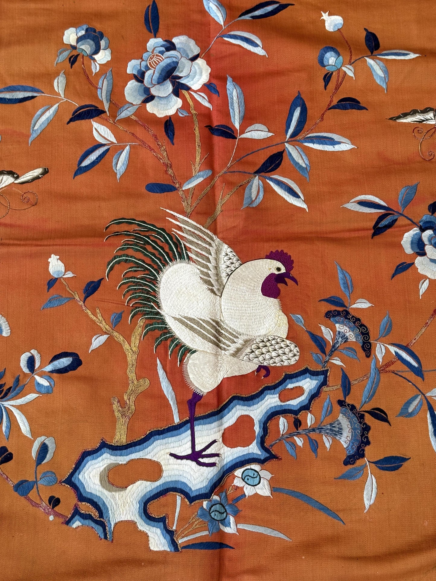 Antique Chinese Qing Dynasty Embroidered Silk Textile | 34x33”