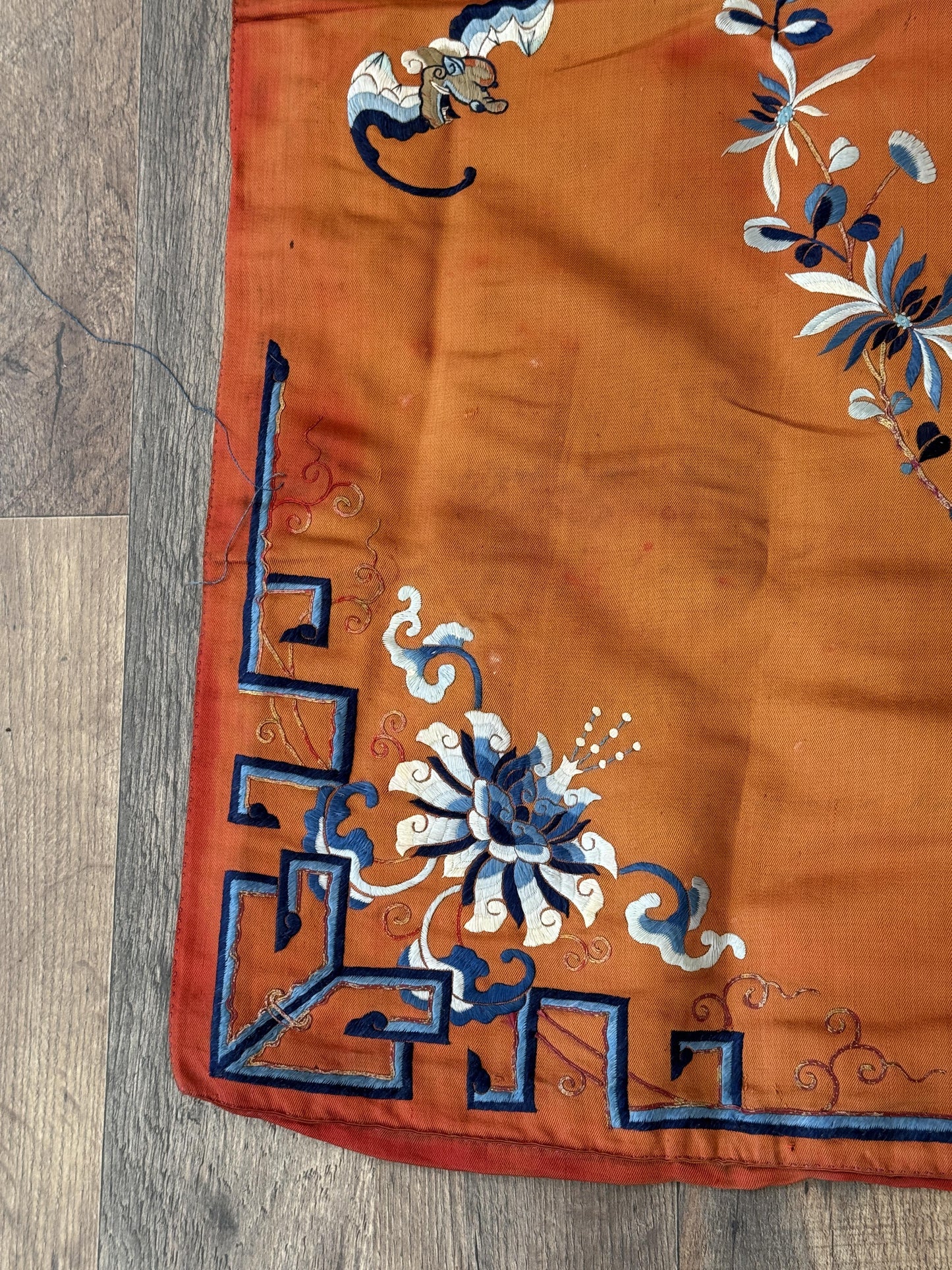 Antique Chinese Qing Dynasty Embroidered Silk Textile | 34x33”