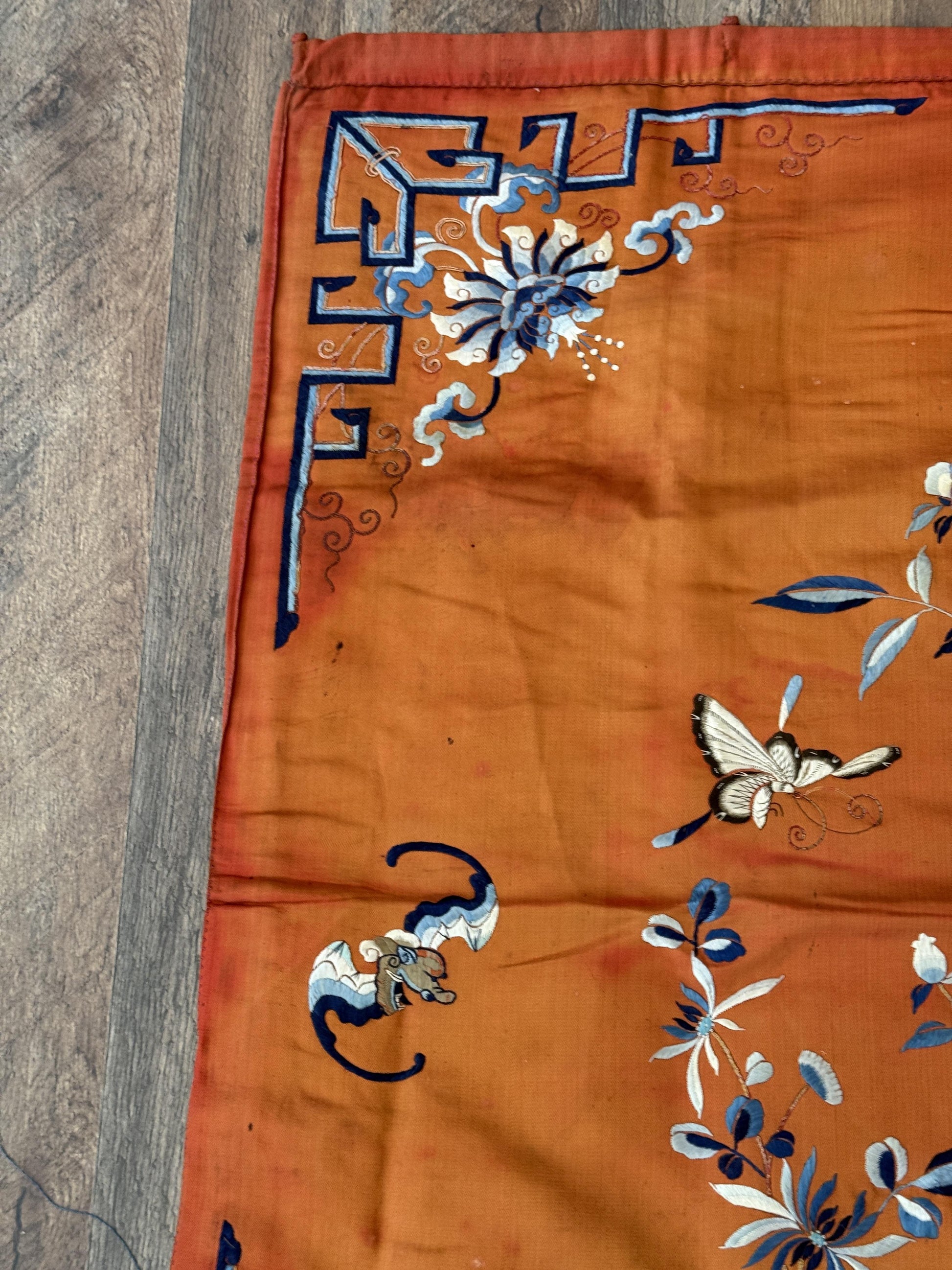 Antique Chinese Qing Dynasty Embroidered Silk Textile | 34x33”