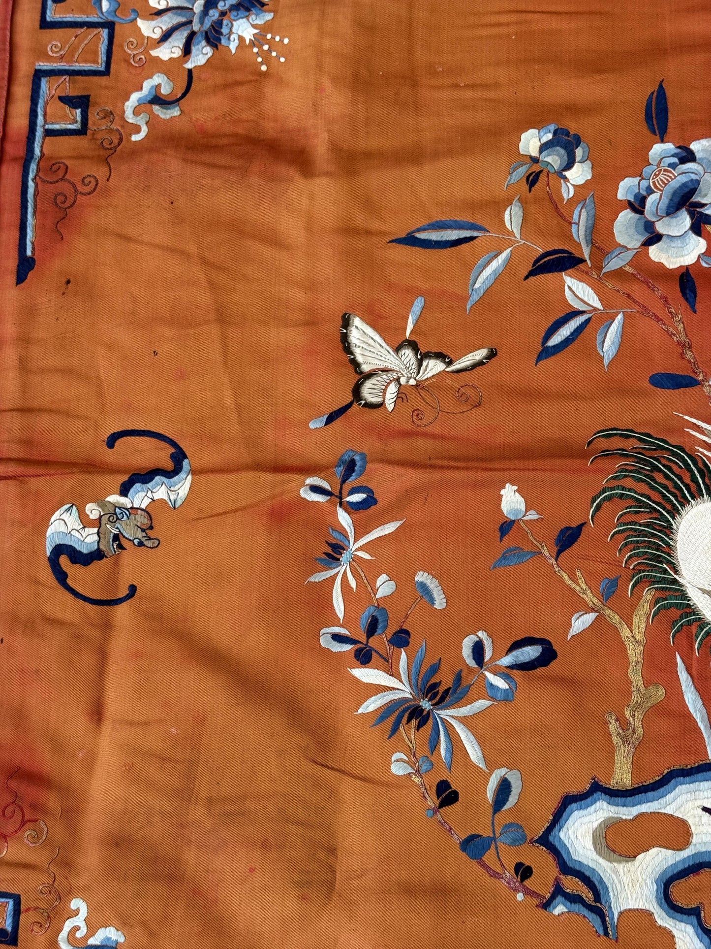 Antique Chinese Qing Dynasty Embroidered Silk Textile | 34x33”