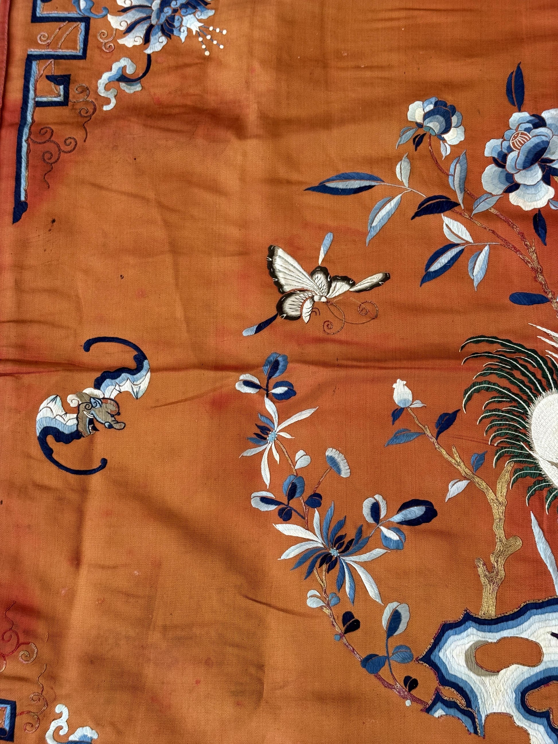 Antique Chinese Qing Dynasty Embroidered Silk Textile | 34x33”